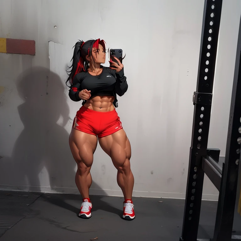 arafed woman in a black top and red shorts taking a picture, muscular thighs, strong legs, fit girl, fit pic, fit curvy physique, fitness model, toned legs, thick legs, legs and arms, fit physique, fit body, strong body, middle body shot, fit woman, strong pose, thighs!!!, posing and flexing, sporty physique