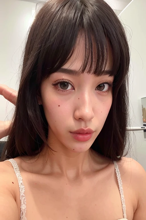 um close up de uma mulher com um vestido rosa e um espelho, Lalisa Manobal, Sun Yunjoo, Lalisa Manoban do Blackpink, Jisoo do Blackpink, Jisoo do Blackpink, jossi do blackpink, franja de cortina, com franja, coreana, she has black hair com franja, retrato de jisoo blackpink, Heonhwa Choe, Kiko Mizuhara, cabelo cacheado
