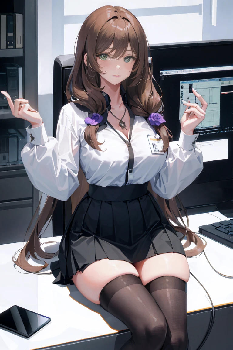 anime girl sitting on a desk with her legs crossed, office clothes, on a desk, thighhighs and skirt, sitting on a desk, tight attire, trending on cgstation, good hips and long legs, standing on a desk, elegant legs, sexy pose, long legs, (sfw) safe for work, business attire, nice legs, photorealistic perfect body, kafka from honkai star rail