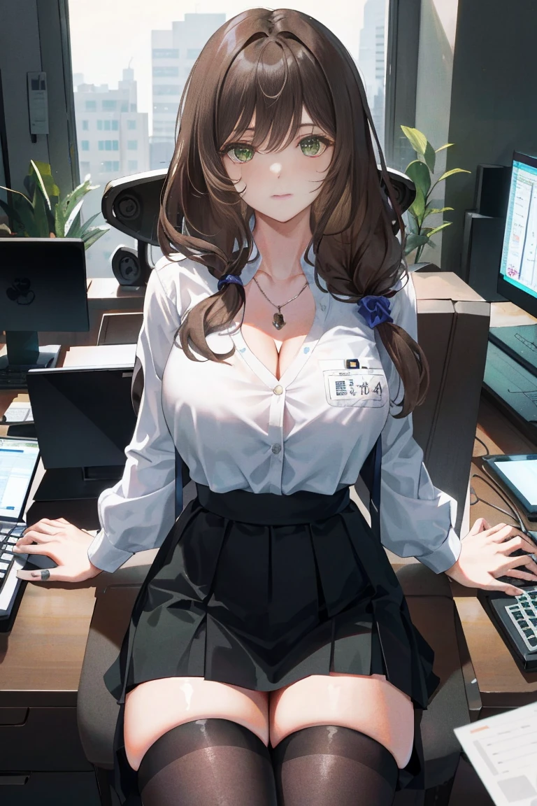 Lisa, genshin impact, 1 girl, alone, ((white shirt)), black Thighhighs, huge breasts, cleavage, uniform, office background, black skirt, pleated skirt, office, hair between eyes, messy hair, large chest, long hair, looking at the viewer, brown hair, red short nails, green eyes, alone, Thighhighs, thick thighs, very long hair, ((masterpiece)), sitting, Chair, machine, computer on machine, name tag, id tag, indoor,sexy pose