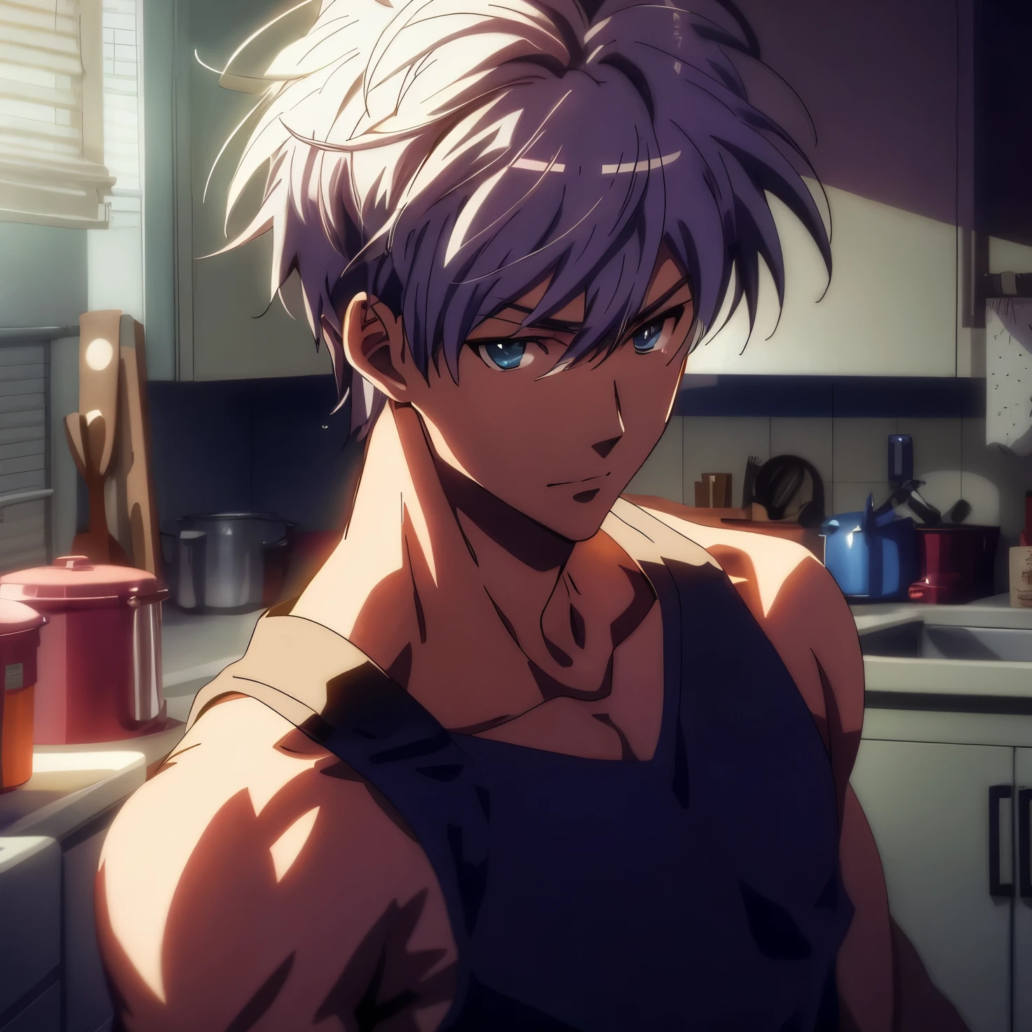 anime character in a kitchen with a sink and a stove, wearing tank top, kaworu nagisa, anime handsome man, male anime character, tall anime guy with blue eyes, hajime yatate, anime. soft lighting, fubuki, handsome anime pose, yukito kishiro, young anime man, official art, makoto kano, male anime style