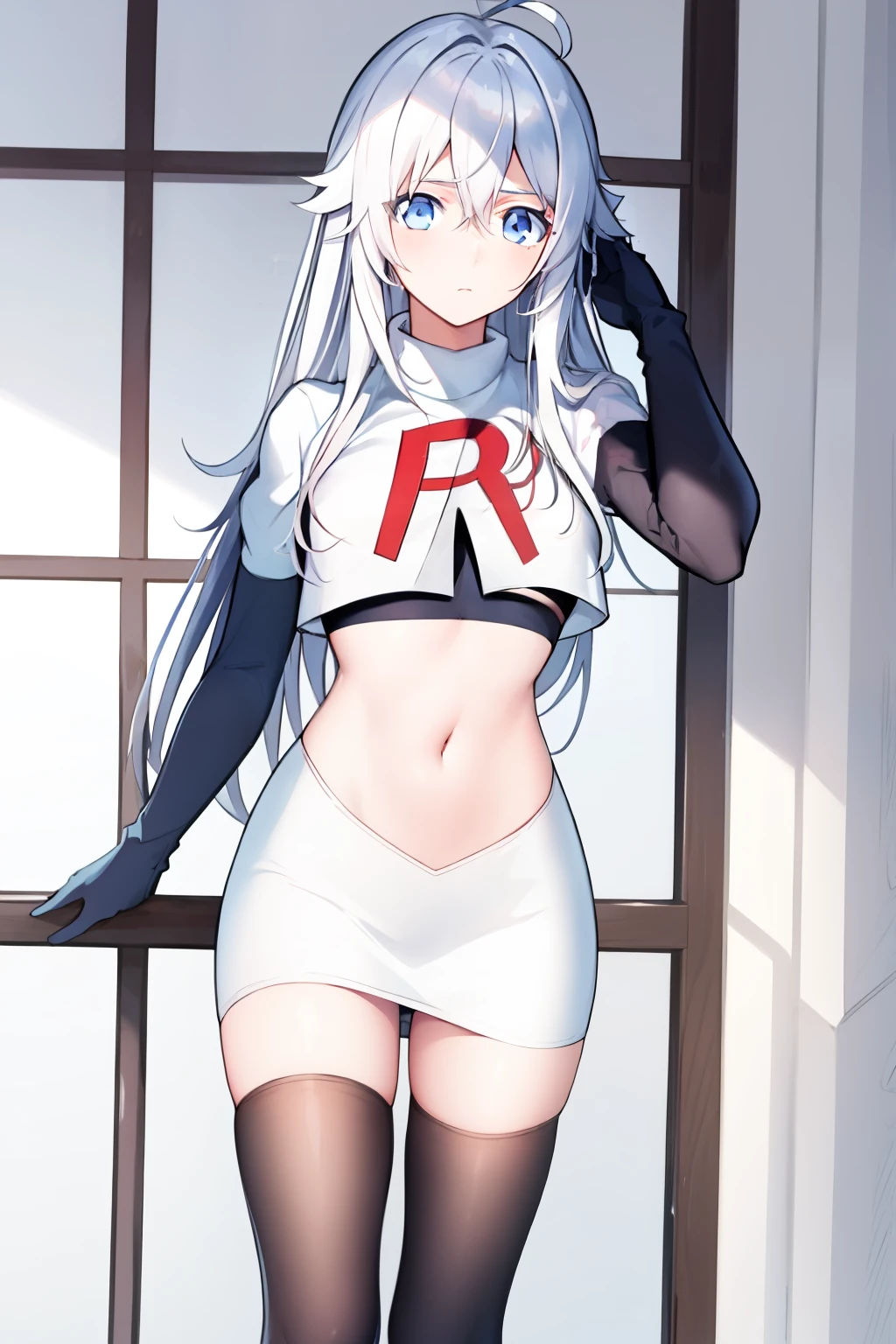 (masterpiece, best quality:1.2), 
1girl,Vladilena,lenaface, blue eyes, breasts, looking at viewer, white hair,medium breasts, antenna hair, hair between eyes,  looking at viewer, ahoge, expressionless, bangs, white hair,
team rocket,team rocket uniform, red letter R, white skirt,white crop top,black thigh-highs,black elbow gloves
