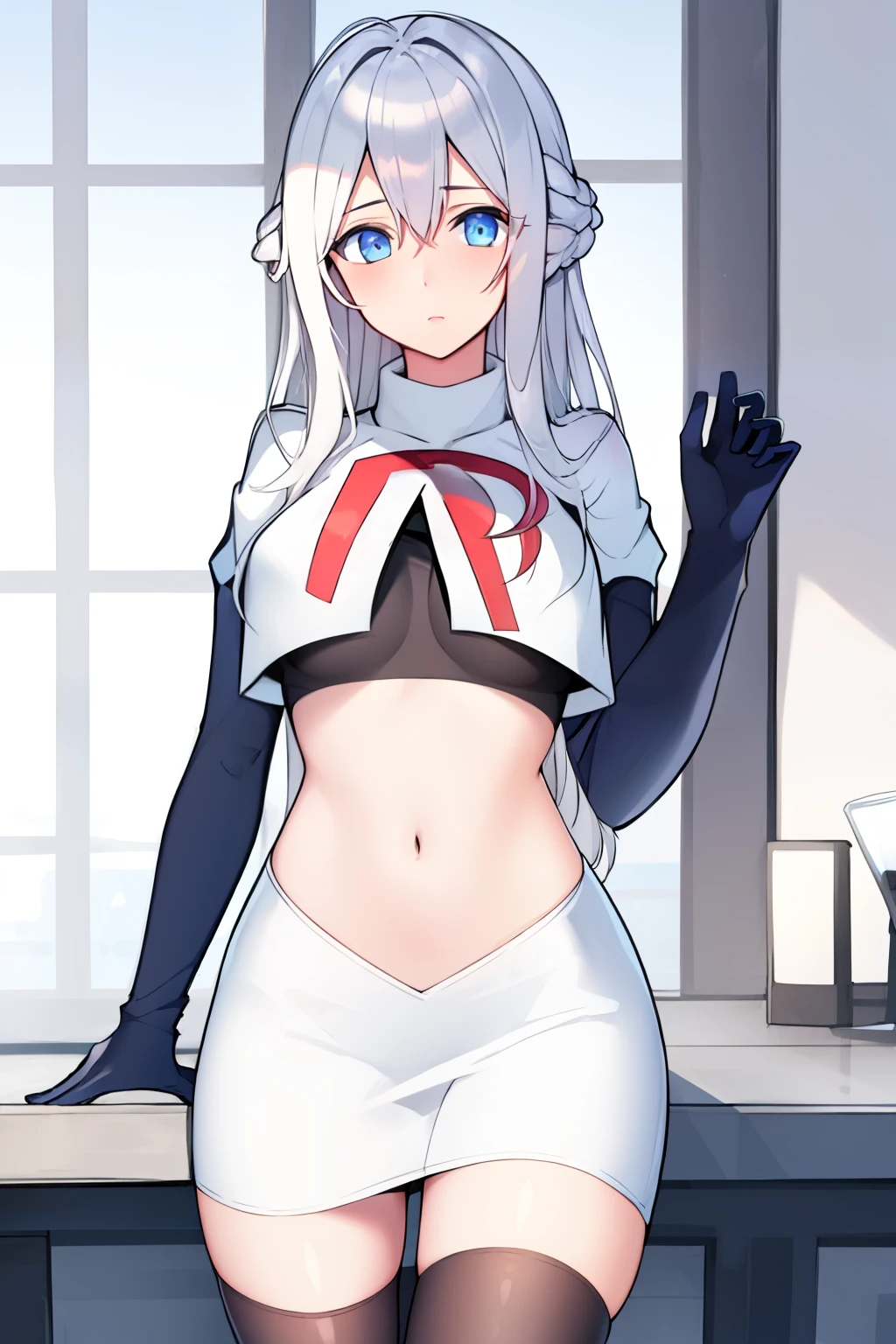 (masterpiece, best quality:1.2), 
1girl,Vladilena,lenaface, blue eyes, breasts, looking at viewer, white hair,medium breasts, antenna hair, hair between eyes,  looking at viewer, ahoge, expressionless, bangs, white hair,
team rocket,team rocket uniform, red letter R, white skirt,white crop top,black thigh-highs,black elbow gloves
