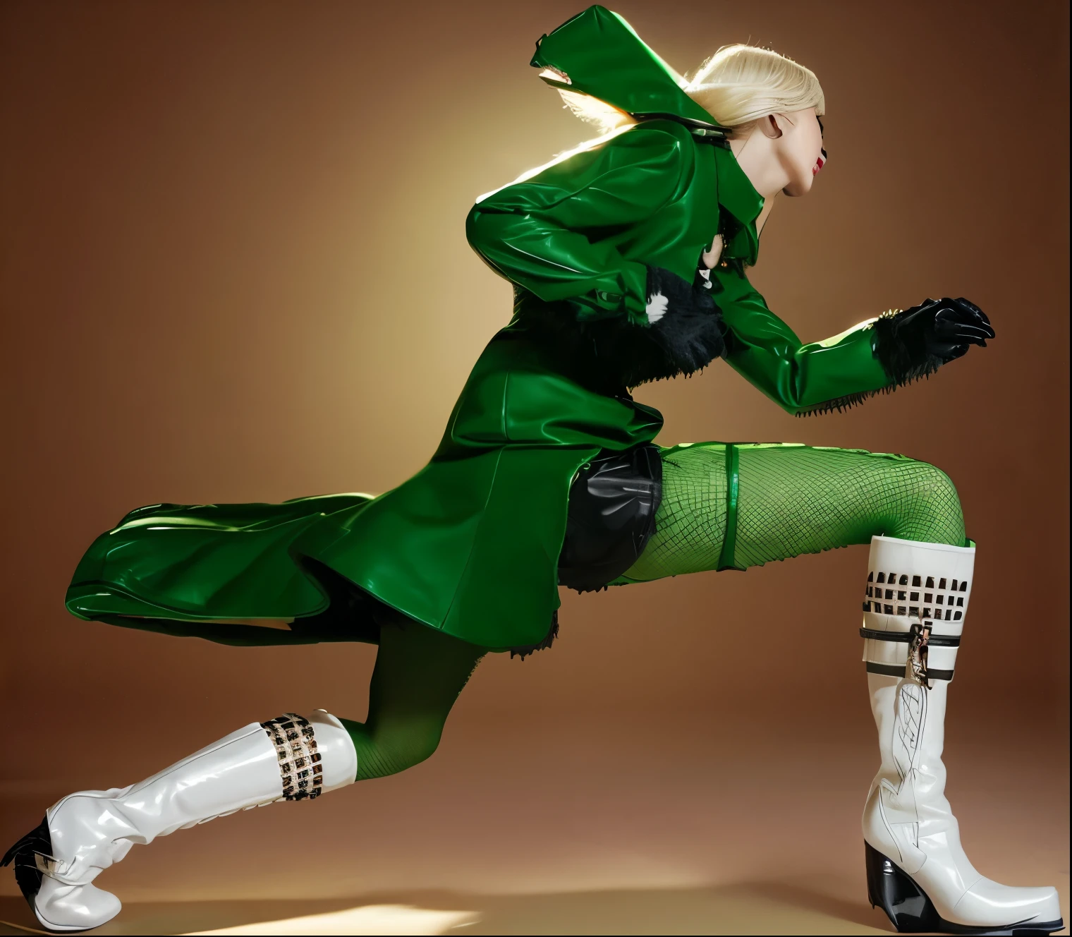 blonde、Black leather gloves、Green long coat、white boots、Knee-high fishnet stockings、black shorts,