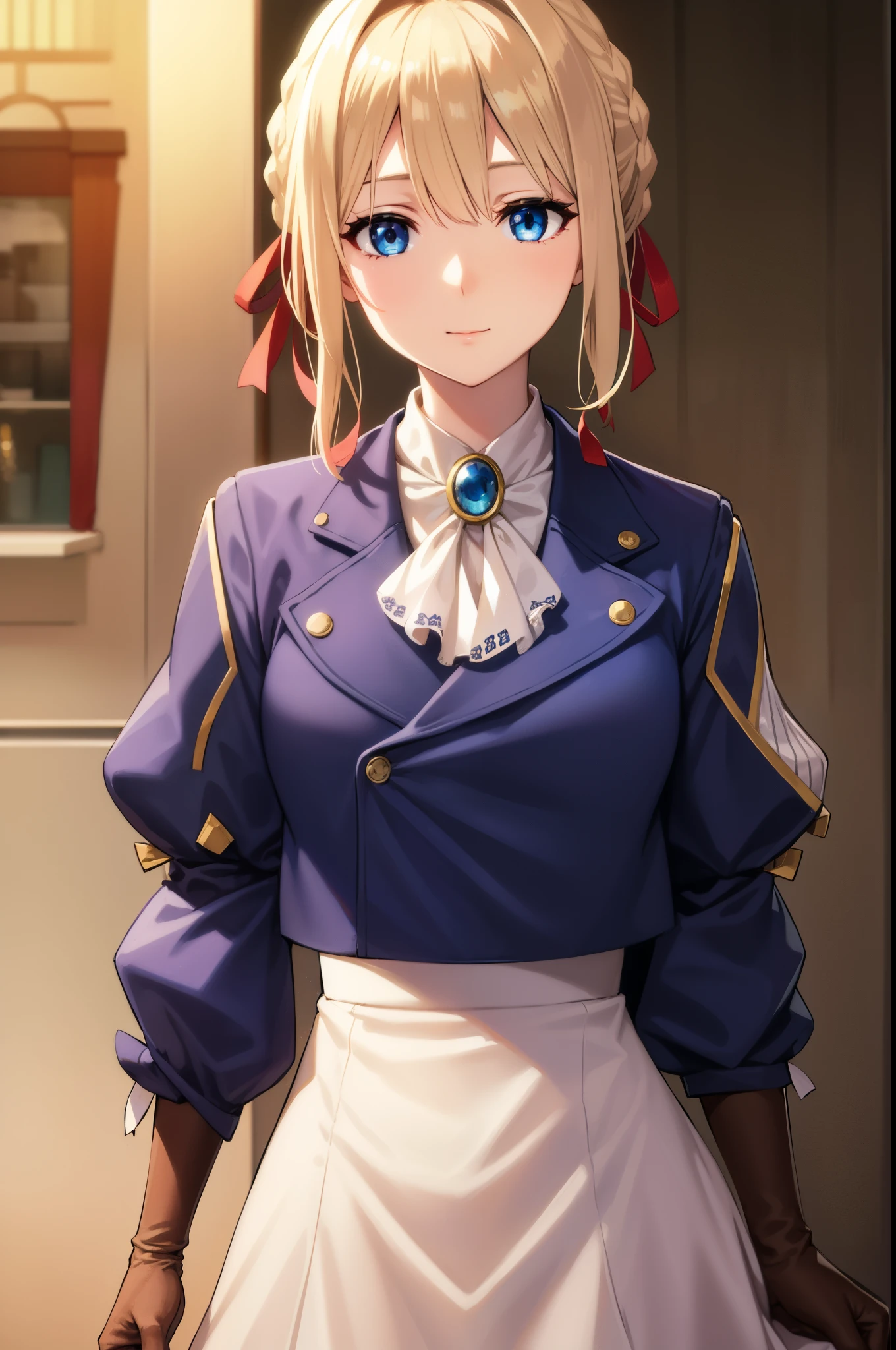 Violet Evergarden, Violet Evergarden, Blonde hair, Blue eyes, Hair Ribbon, bow ribbon, Short hair, Braids, hair braids, Red Ribbon, maturefemale,
Blake Blue Jacket, Brown gloves, Cropped jacket, Dress, gloves, Green brooch, Jacket, juliet sleeves, Long sleeves, Puffy sleeves, White Dress,
BREAK looking at viewer,
BREAK outdoors, city,
BREAK (masutepiece:1.2), Best Quality, High resolution, Unity 8k壁纸, (Illustration:0.8), (Beautiful detailed eyes:1.6), extra detailed face, Perfect Lighting, extremely details CG, (Perfect hands, Perfect Anatomy),a smile