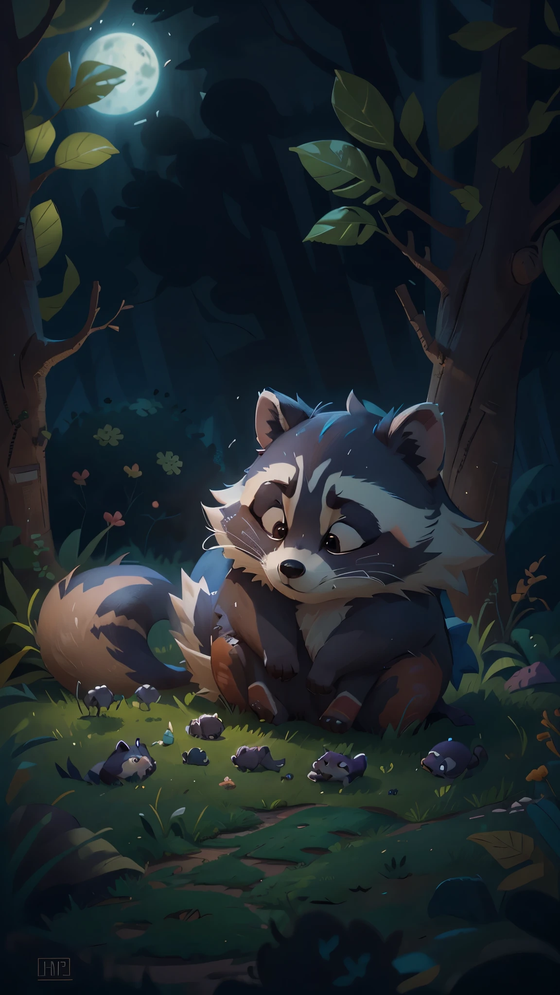 it's late at night，Cute raccoon sleeping among the woods，it closes its eyes，getting ready to sleep，goodnight，Little raccoon。close up, Pixar cinematic style, best quality, movie stills, very cute,