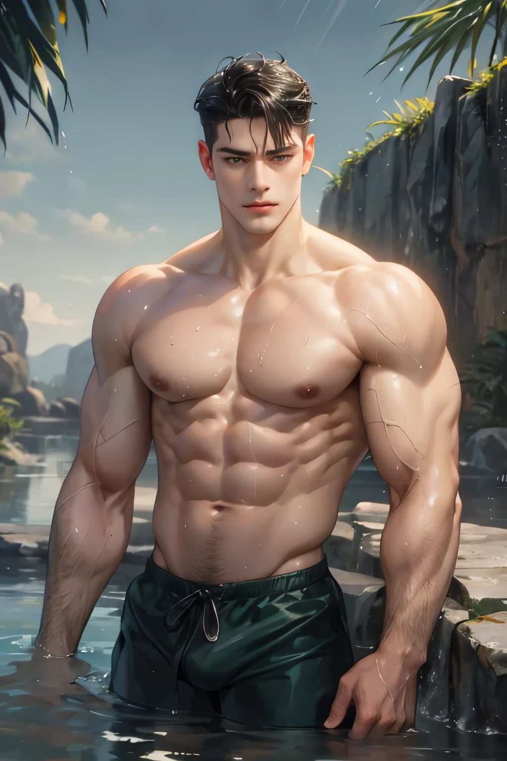 masterpiece, best quality, realistic 8K, one mature male, 36 years old, extremely detailed face, ((dark green eyes)), ((short black quiff hair with bang parts 3:7 ratio)), (( wet hair)), muscular abs ((naked)), Extremely delicate and stern face ((cold look)), ((sharp eyes)), cinematic lighting, modern era, (whole portrait), hotspring background. Muscular, big body, strong, big muscular, 213cm taller man, showing his dick,