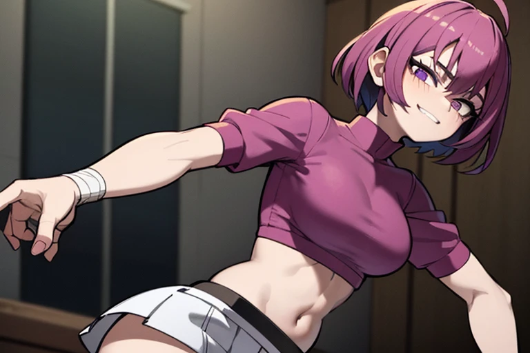 Anime Girls、Toned Abs、Purple Hair、short hair、Wavy Hair、blush、detailed、Highest quality、masterpiece、Shorts、Short top、gloves、belly button、solo、skinny body、Narrow waist、Wavy mouth、Being restrained、Crouching、Kneeling on the ground、Handcuffs、Shackles、Hands above head、Open Mouth、Center part、Forehead
