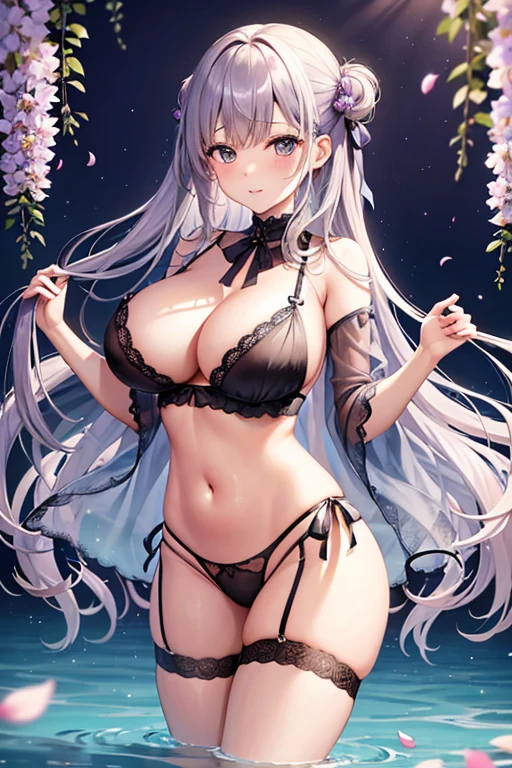 Flowers bloom by the water、weeping cherry blossoms、wisteria flowers、water reflection!!!!!、sheer lingerieを着てポーズをとるアラフィフの女性写真、See-through lingerie beauty、Wearing sexy see-through lingerie、garter belt、complex, captivating and captivating、sheer lingerie!!、Woman in see-through lingerie posing for a photo、sheer lingerie!!、beautiful female body、fantastic and fantasticな雰囲気、see-through lingerie、光沢のあるsheer lingerie、dreamy aesthetics、mysterious softness、soft aesthetics、transparent underwear、fantastic and fantastic、fantastic and fantasticなスタイル、fantastic and fantastic、(((Big big breasts)))、beautiful leg style、stylish hair、cute hairstyle、Many petal body esbian、