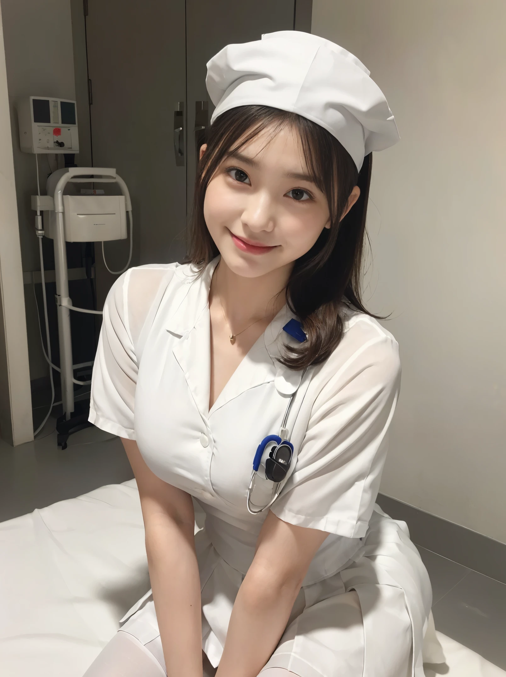 Innocent  girl，big breasts:1.2,cleavage:1.2、(pantyhose:1.3) (white nurse uniform:1.5),( white short skirt:1.5),(White nurse cap:1.5),(white nurse pump:1.5), (squat:1.3）、angle:1.2、（lower your hands:1.5）、hospital room background、smile,shortcut、RAW photo, (8K、highest quality、masterpiece:1.2)、(intricate details:1.4)、(Photoreal:1.4)、octane rendering、Ultra-detailed complex 3D renderings, soft light in the studio, rim light, vivid details, super detail, realistic skin texture, details face, beautiful detailed eyes, Highly detailed CG Unity 16k wallpaper, compensate, (detailed background:1.2), shiny skin, whole body,squat down and bend your knees