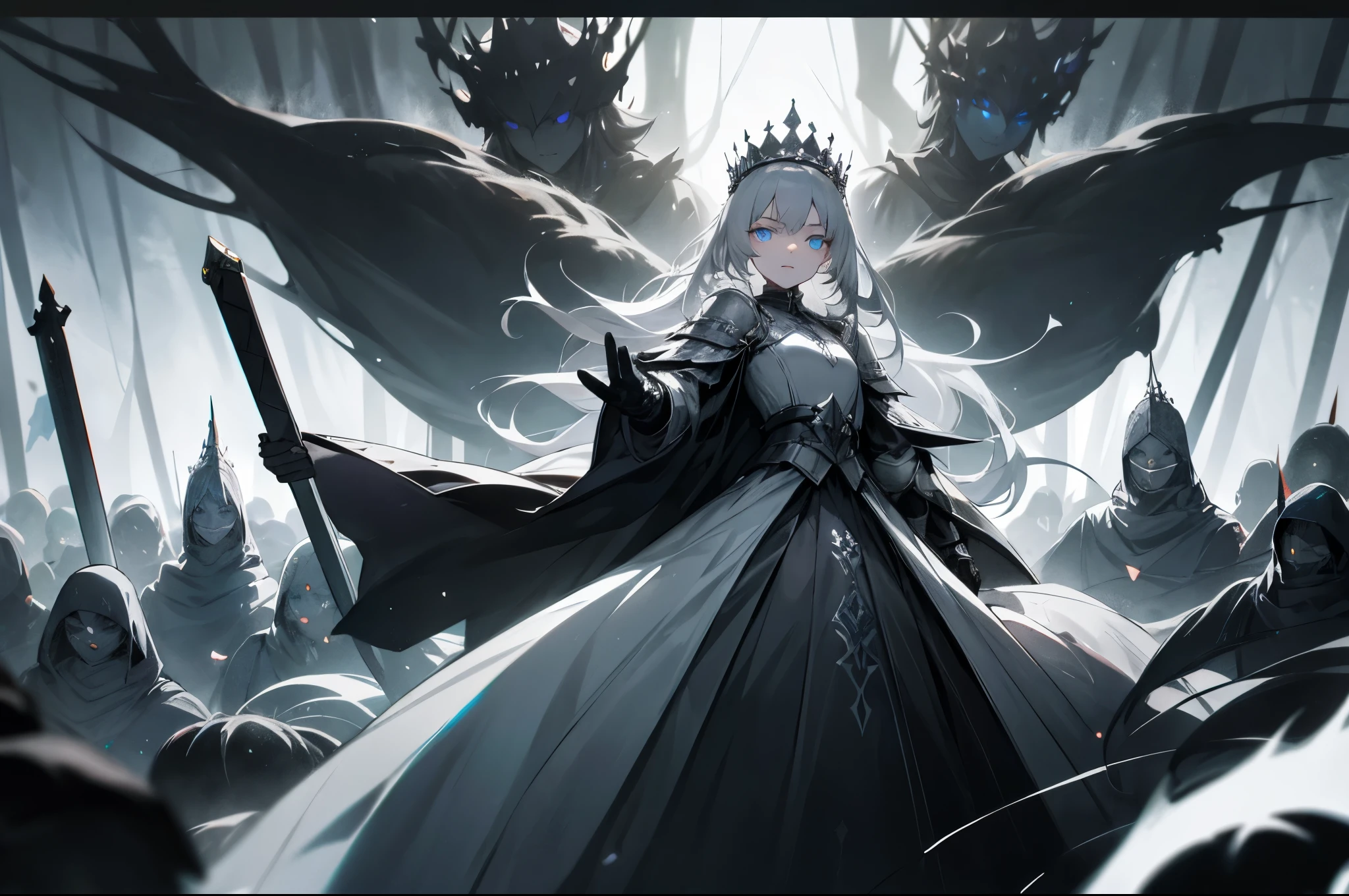 girl,Gray hair,blue eyes,glowing eyes,glowing eyes,glowing eyes,long hair,Dark Department,White and black long skirt,armor,Silvery crown,Queen,brandishing a sword,movie poster,Unbelievable,big occasion,best quality,epic,Tyndall effect,enchanted forest