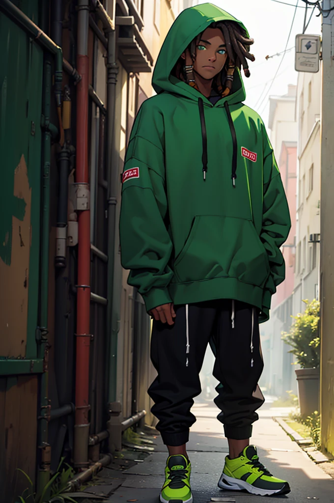((Best quality)), ((masterpiece)), top quality), standing alone, dark-skinned, wearing, black dreadlocks, green hoodie with hood over head, green eyes, male, green shoes
