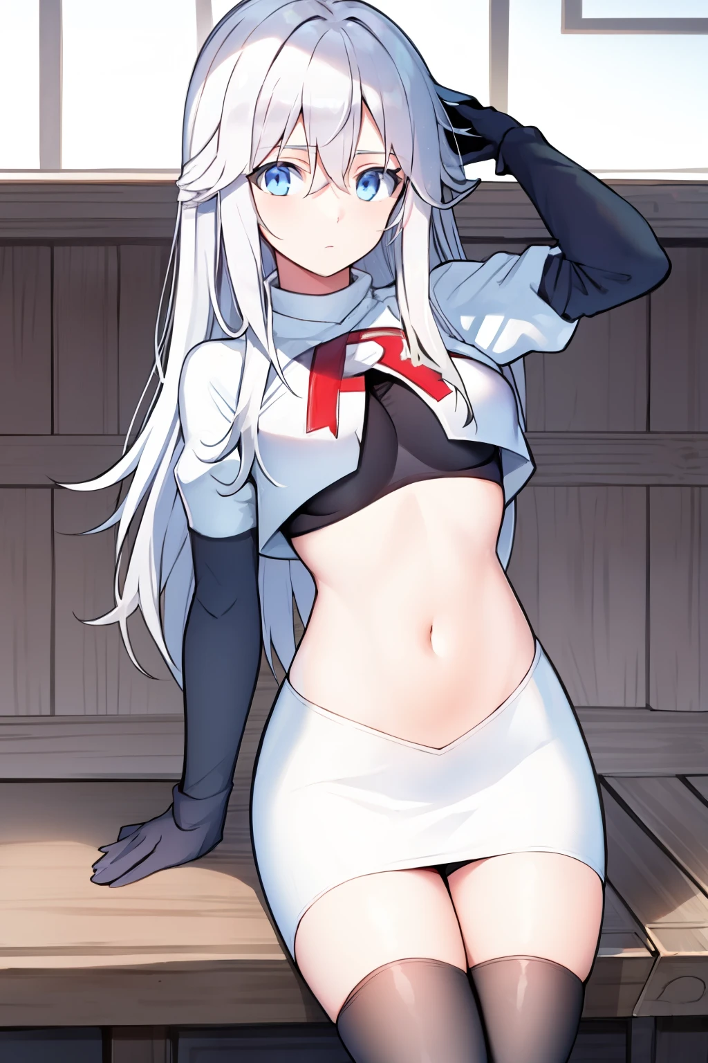 (masterpiece, best quality:1.2), 
1girl,Vladilena,lenaface, blue eyes, breasts, looking at viewer, white hair,medium breasts, antenna hair, hair between eyes,  looking at viewer, ahoge, expressionless, bangs, white hair,
team rocket,team rocket uniform, red letter R, white skirt,white crop top,black thigh-highs,black elbow gloves
