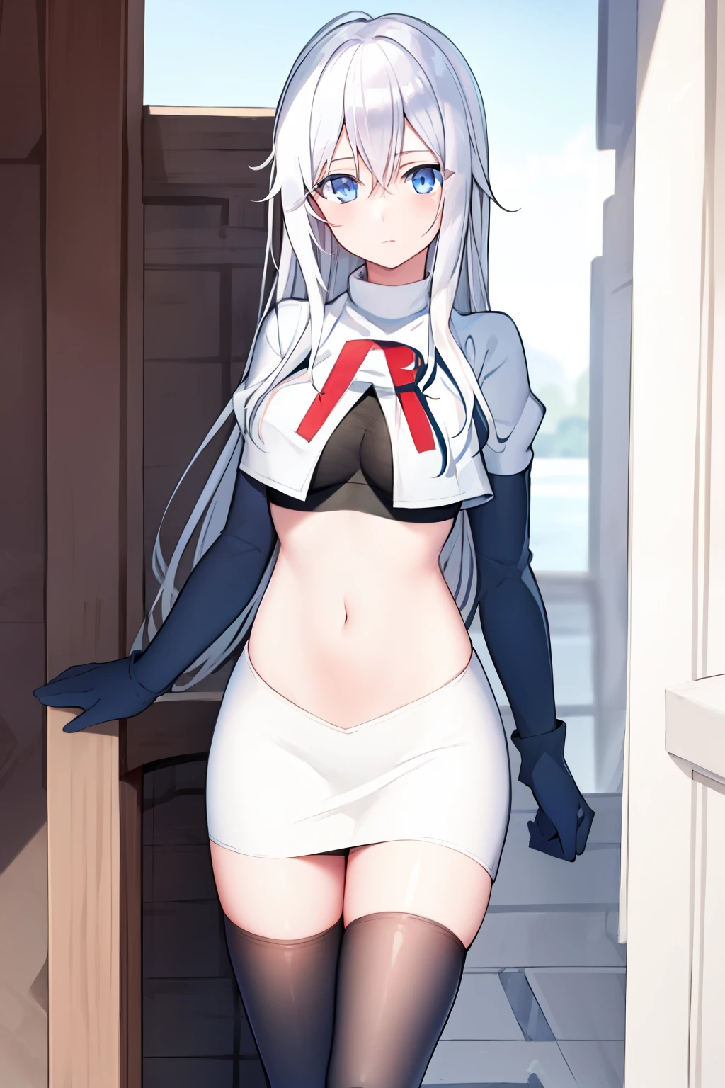 (masterpiece, best quality:1.2), 
1girl,Vladilena,lenaface, blue eyes, breasts, looking at viewer, white hair,medium breasts, antenna hair, hair between eyes,  looking at viewer, ahoge, expressionless, bangs, white hair,
team rocket,team rocket uniform, red letter R, white skirt,white crop top,black thigh-highs,black elbow gloves

