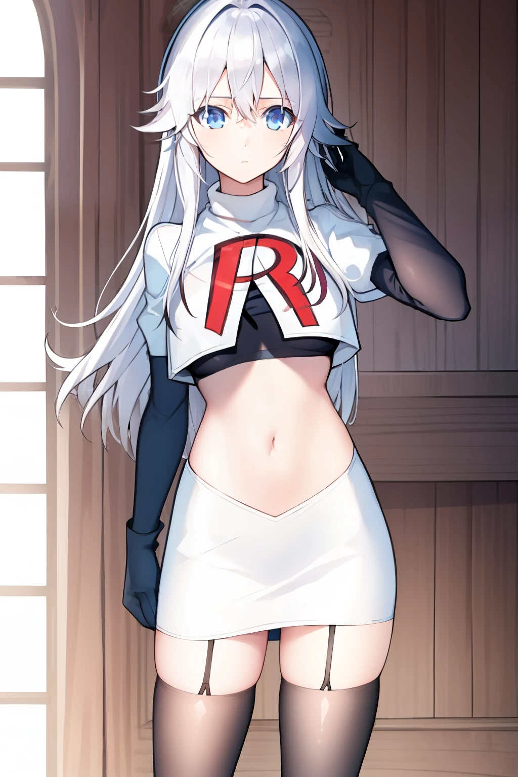 (masterpiece, best quality:1.2), 
1girl,Vladilena,lenaface, blue eyes, breasts, looking at viewer, white hair,medium breasts, antenna hair, hair between eyes,  looking at viewer, ahoge, expressionless, bangs, white hair,
team rocket,team rocket uniform, red letter R, white skirt,white crop top,black thigh-highs,black elbow gloves
