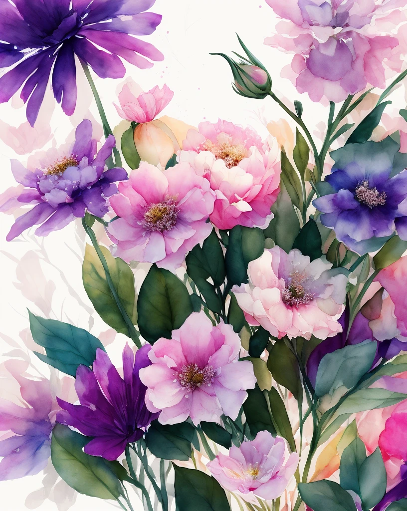 watercolor flowers, vibrant colors, delicate petals, intricate details,  layers of paint, soft brushstrokes, realistic botanical illustrations, subtle gradients, overlapping leaves and petals, graceful stems, blossoming beauty, natural elegance, light and airy composition, organic patterns, flowing watercolor washes, dreamy and ethereal atmosphere, soft pastel hues, gentle blending, fine textures, delicate veins on the leaves, realistic lighting, natural shadows, fresh and blooming, artistic expression, beautiful garden setting, a bouquet of flowers, artistic inspiration.