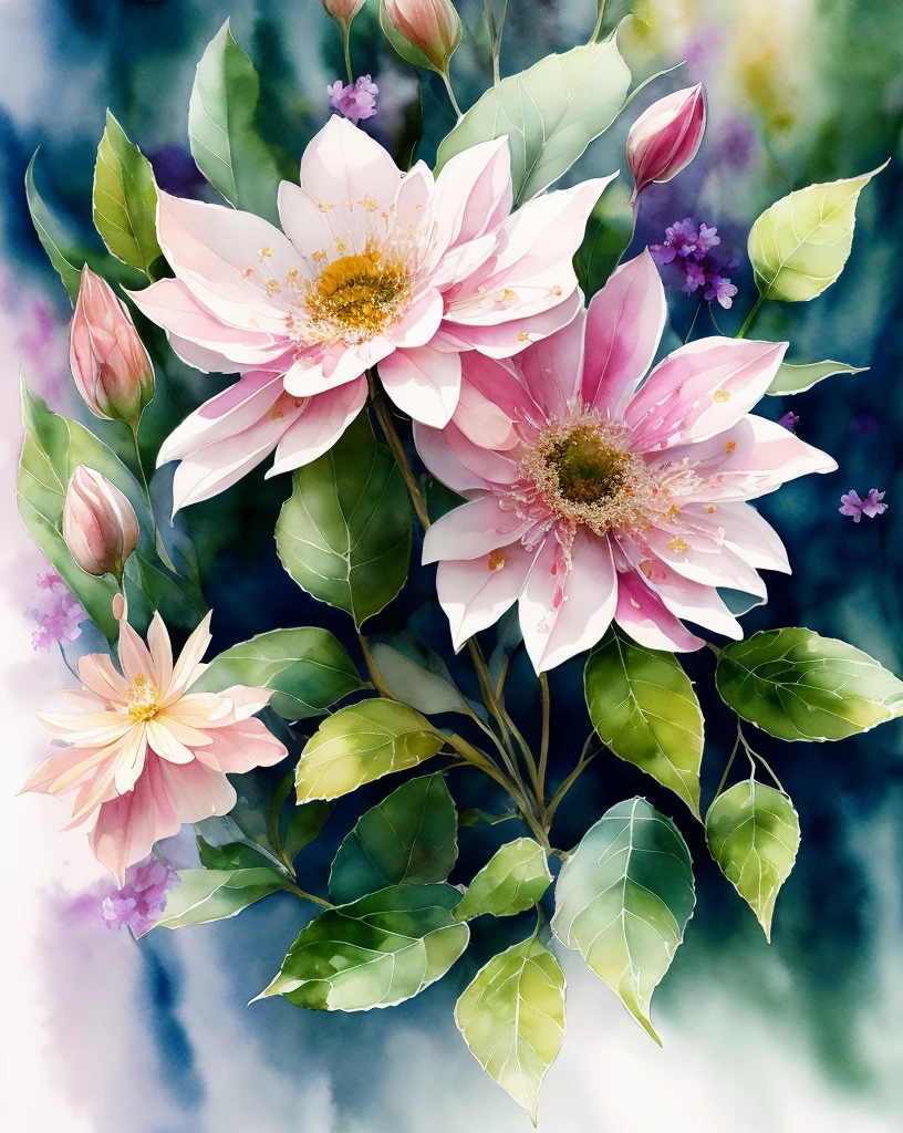 watercolor flowers, vibrant colors, delicate petals, intricate details,  layers of paint, soft brushstrokes, realistic botanical illustrations, subtle gradients, overlapping leaves and petals, graceful stems, blossoming beauty, natural elegance, light and airy composition, organic patterns, flowing watercolor washes, dreamy and ethereal atmosphere, soft pastel hues, gentle blending, fine textures, delicate veins on the leaves, realistic lighting, natural shadows, fresh and blooming, artistic expression, beautiful garden setting, a bouquet of flowers, artistic inspiration.