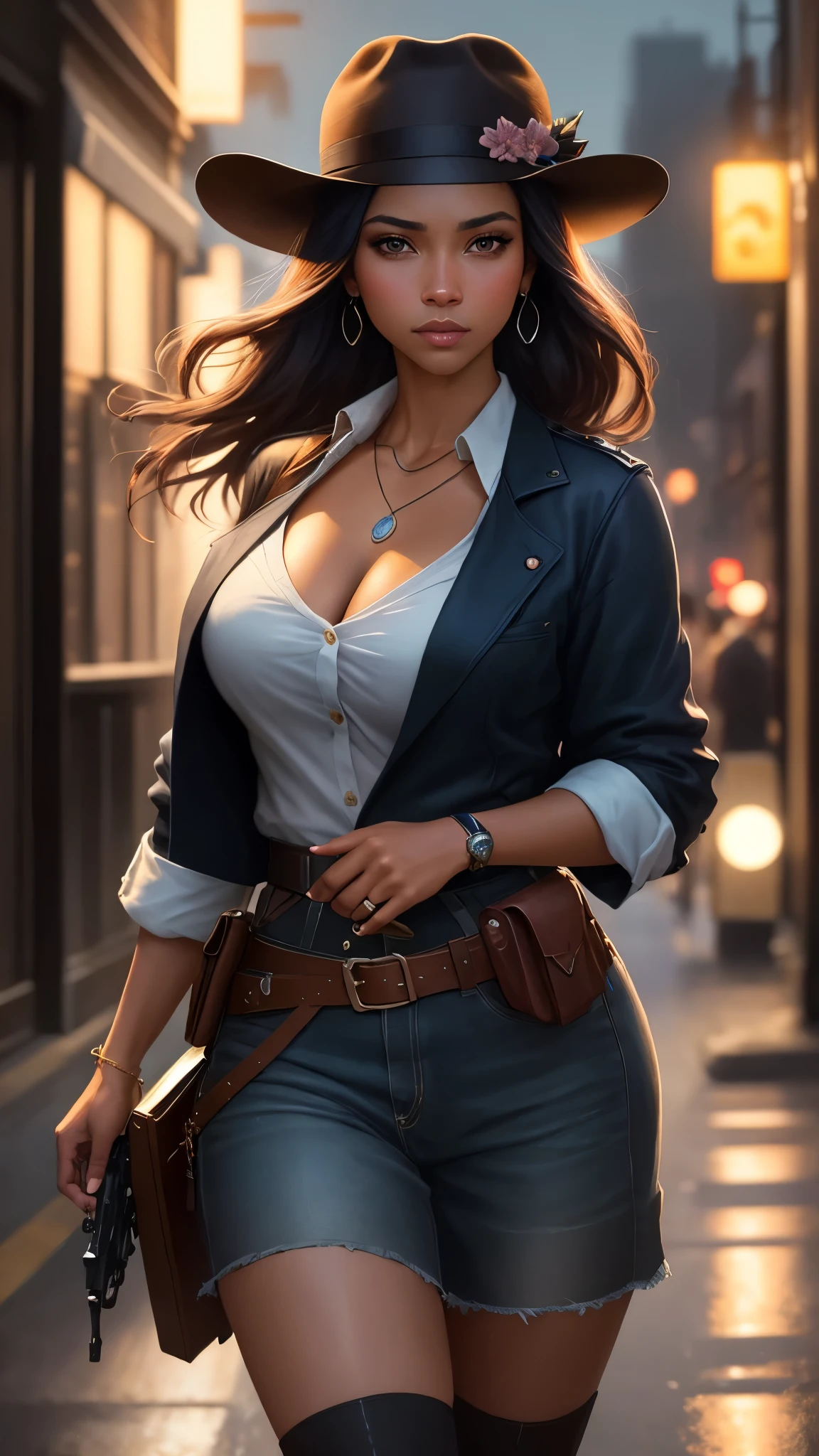 photo of (MCHasDex:0.99), a ebony woman as a detective, sexu, (walking down a street at night), (holstered gun), modelshoot style, (extremely detailed CG unity 8k wallpaper), photo of the most beautiful artwork in the world, professional majestic oil painting by Ed Blinkey, Atey Ghailan, Studio Ghibli, by Jeremy Mann, Greg Manchess, Antonio Moro, trending on ArtStation, trending on CGSociety, Intricate, High Detail, Sharp focus, dramatic, photorealistic painting art by midjourney and greg rutkowski, (wearing a fedora:1.1), (looking at viewer), (detailed pupils:1.3), closeup, sexy