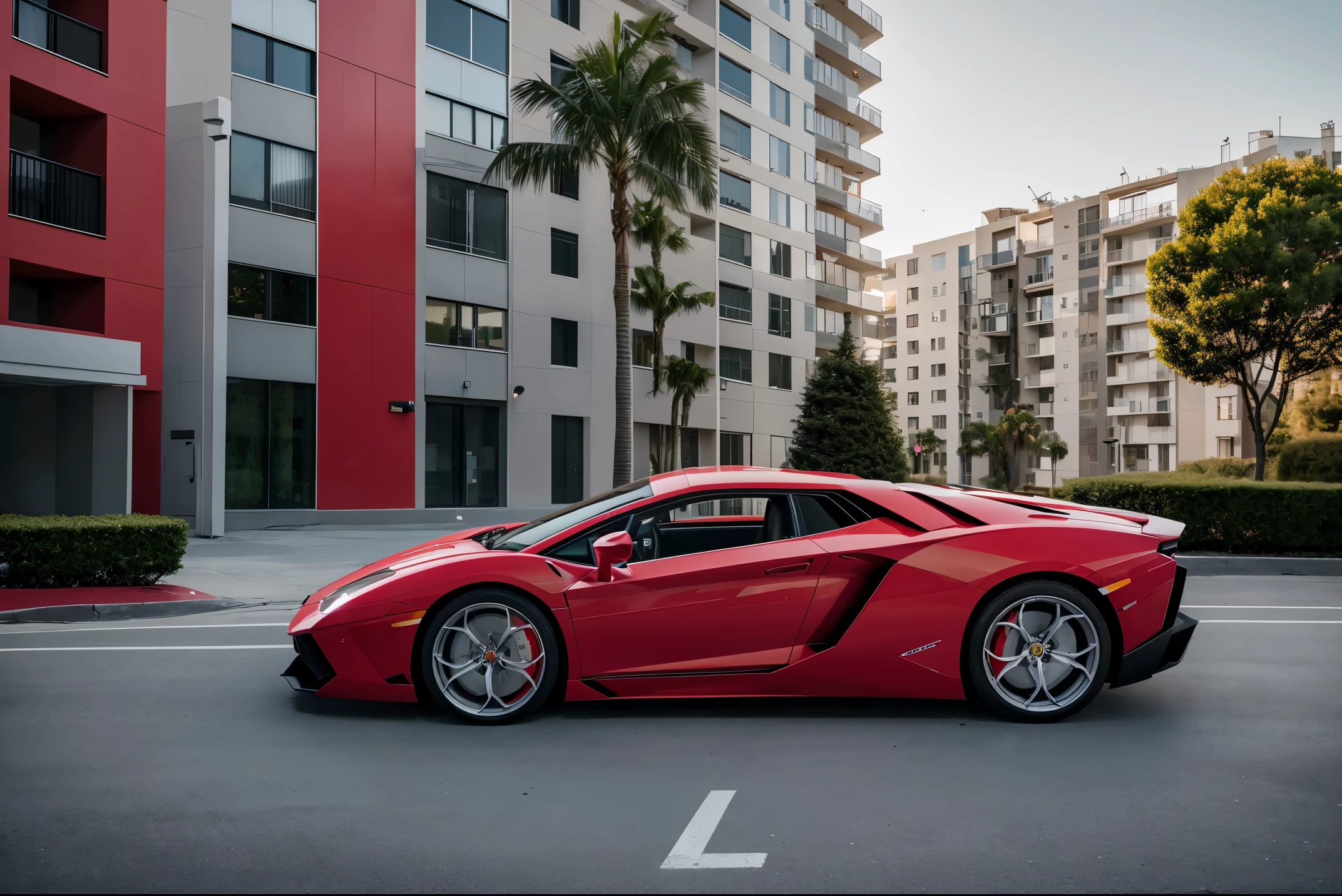 Photo of a bright red Lamborghini Aventador　detailed description　realistic and three-dimensional　super high quality　ultra high resolution　　Street parking in front of the entrance of a super luxury condominium.　Stylish lighting　Fashionable street trees　Marble exterior wall　beautiful sunset　(shot from the side)