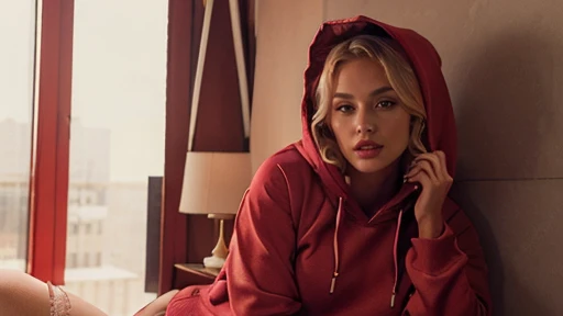 (mikayla demaiter)a sexy blonde curvy celebrity girl posing, tight, red lipstick, loose sexy clothes,((wearing a hoodie and sweats)) provocative seductive ((best quality)), ((masterpiece)), (detailed), perfect face full body in photo, looking into camera