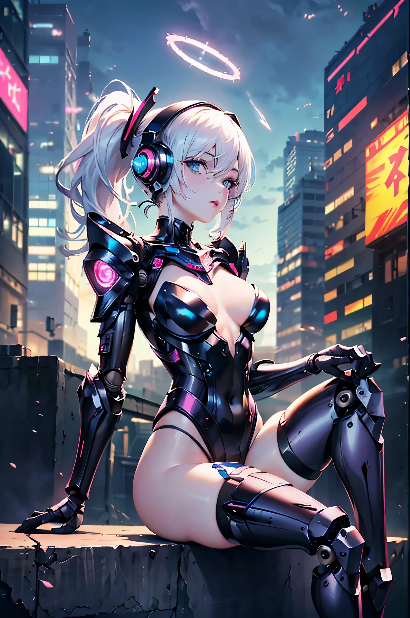 highest quality, masterpiece, small details, very delicate 8k wallpaper, Beautiful Mechanical Girl, (White ponytail), (blue eyes), long eyelashes, compensate, pink lips, Mechanical joints of five fingers, mechanical hand, Mechanical legs: 1.1), (Exoskeleton leotard), garter belt, (exposed lower chest, exposed thighs: 1.2), (mechanical harrow), cyberpunk city, sitting