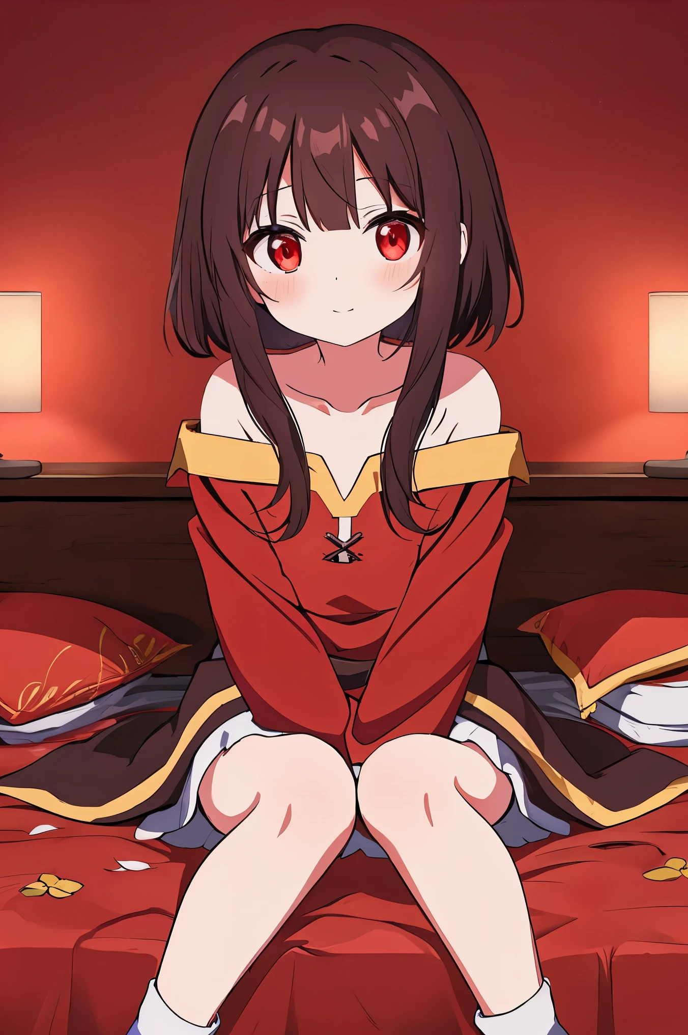 (beste-Qualit, 8K, 12), 1 girl, (megumin), brown hair, the perfect body, ultra detail face, detailed lips, Excited, (((flat cheast))), red eyes, cleavage, ((nude)), looking at viewer, (leaned forward), nipples, bedroom, ((black panties)), crouching, spreading legs, thighs