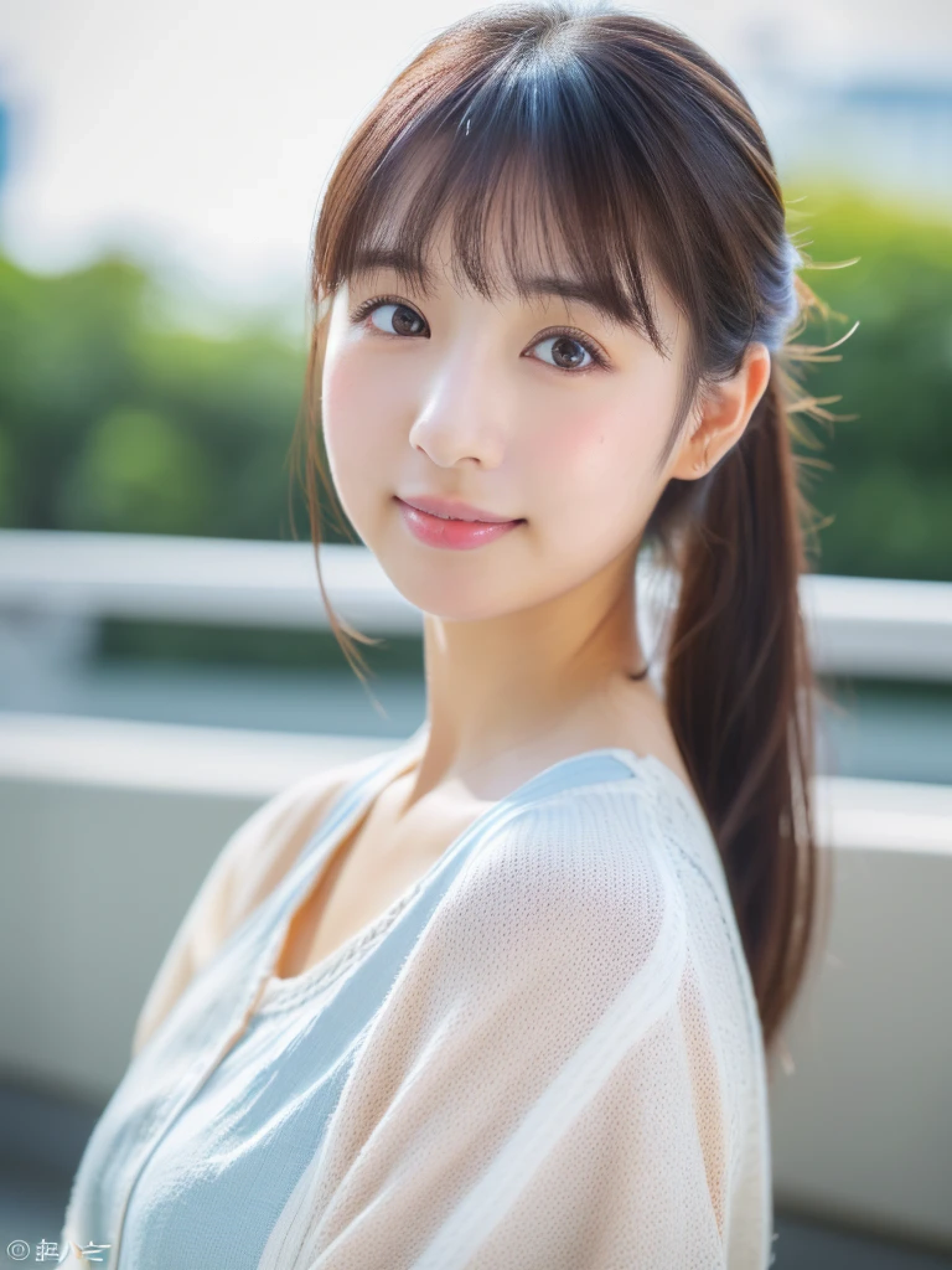 ((cute日本の女の子、beautiful japanese girl、1 girl、clear、19 years old、ponytail、Highly detailed face and skin texture、refinement、super detailed face、highly detailed eyes、Lee Hong、blush、cheek、ピンクのcheekを塗ったcheek、close-up of woman、 from the neck up、 Close to the camera、 positive face、Forward-facing body、look at the camera、front、cute、smooth white skin、Transparent skin texture、))、(dark brown hair、bangs)、beautiful woman with perfect style:1.4、japanese model、young gravure idol、若いcuteグラビアアイドル、Realistic young gravure idol、refinementされたグラビアアイドル、((highest quality、8K、masterpiece:1.3、1photograph))、(4K、RAWphotograph、highest quality)、(realistic、フォトrealistic:1.37)、Place someone on the other side of the screen、Natural light、