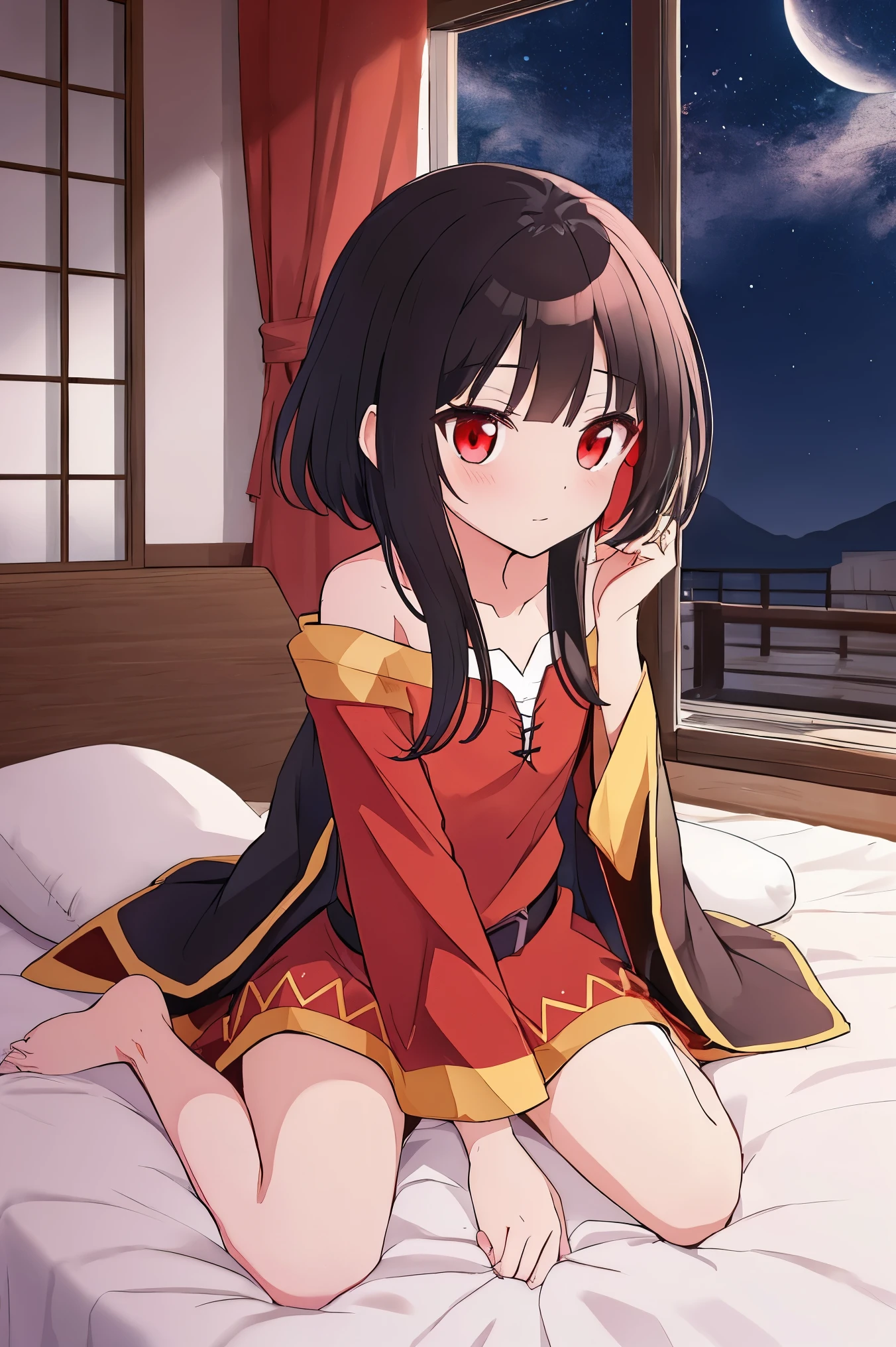 Megumin, red eyes l, cabelos castanhos, cabelos curtos, hidden hands, com vergonha, natureza, Sakura, de noite, asas de anjo, corpo inteiro, dormindo, na cama
