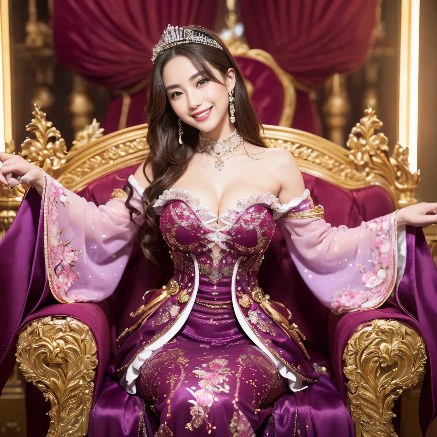 (((highest quality, debris flies, ultra high resolution、the most complex and detailed depiction、Awards, 8K、bright and vivid)))、((1 Japanese cute prostitute princess、Slim and toned waist、accurate anatomy、perfect human structure、Ultimate luxury with everything you can imagine、accurate anatomy、The most luxurious prostitution costumes in purple and red,Purple and red courtesan princess costume,超巨大なthroneに座る,The most detailed and luxurious luxury princess room,shine intricately,purple and red sparkle,Front fixed,The best smile staring at the camera,Please smile big,Smile affectionately at me、upper body photo)),((最もゴージャスなthrone、highest qualityの紫と赤のコスチューム、large amount of jewelry decoration,The largest giant tiara in the world,detailed jewelry,detailed decoration,Glitter Costume,Lots of sparkling gems、Huge decoration,giant costume,Huge sleeves,artistic decoration,very detailed decoration,very intricate decoration)),(big and full breasts,get used to it,royal, majestic, queen of courtesan,intricate details,realistic,, front close-up, throne, Upright posture, get used to it顔,perfect teeth,white teeth,finely描かれた顔,beautiful face、very delicate and beautiful, very detailed,finely)), (Huge and magnificent seats:1.2)