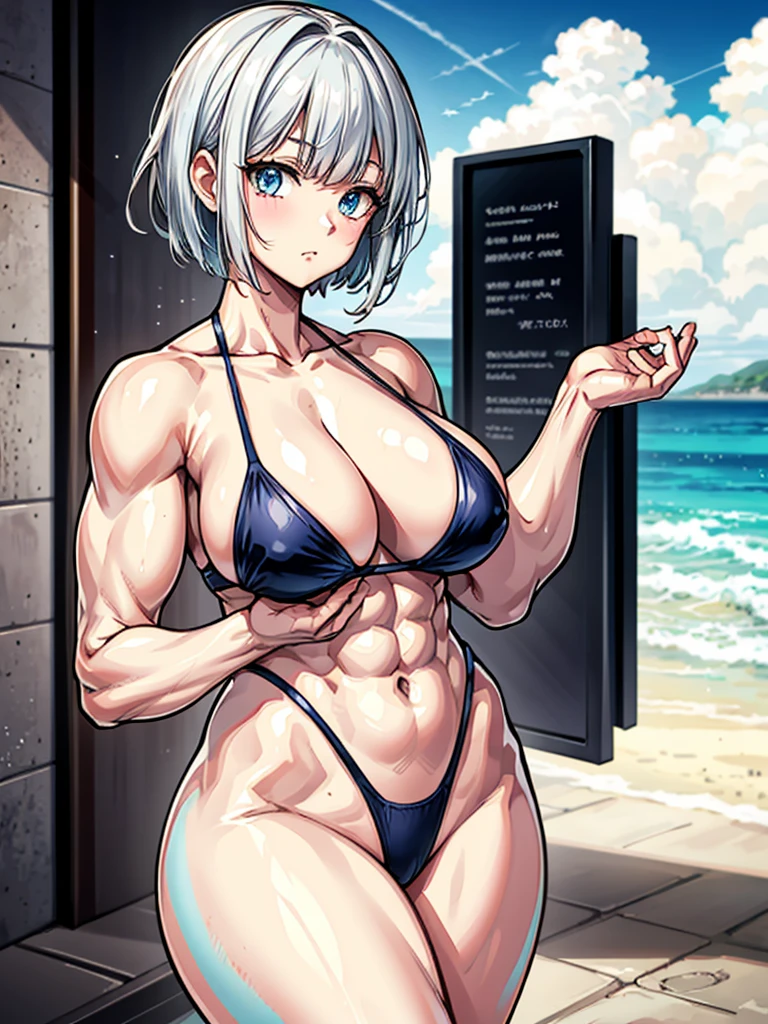 （（（masterpiece、Highest image quality、highest quality、highly detailed unity 8ｋwallpaper）））、（（Illustration of one girl））、（（（beautiful girl）））、（（white hair、short hair、crew cut：1.7、light blue eyes））、（（（stocky build, thickset physique, muscular legs, broad shoulders, solid chest：1.6）））、swimsuit、sandy beach