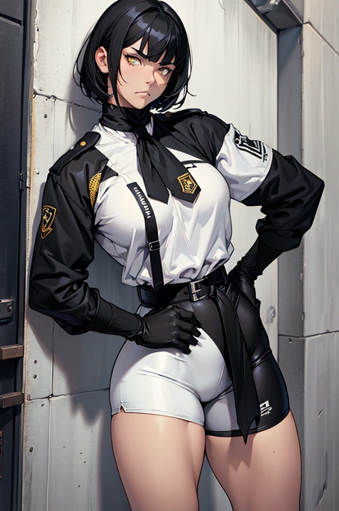 short legging 1girl muscular pale skin black hair yellow eyes black against wall sad sad sad sad tight short leggings white thick thick thick thick muscular muscular muscular muscular muscular girl dark dark, meias calça marrom, coxas sexy, belos olhos, meia calça preta, meia calça marrom , , best quality, highres, solo, black hair, , black gloves, bike_shorts, bangs, white shirt, badge, medium breasts, cowboy shot, frown, hand on hip, leaning forward, pointing at viewer,