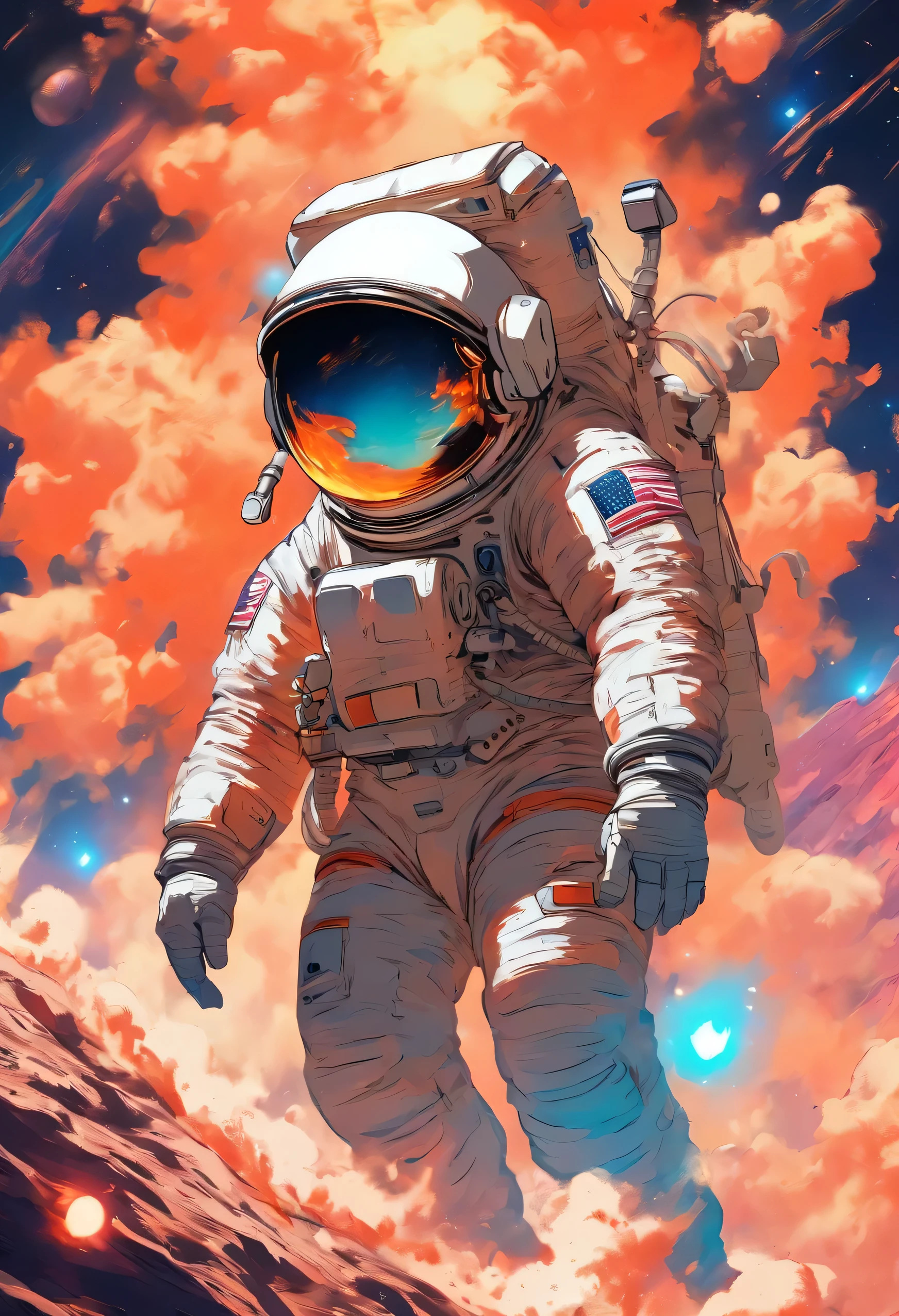 （Astronaut struggling to climb creative poster on explosive volcano mountain in a moon）, （struggling：1.37），（Climbing：1.1），（Background with：This  a planet）, lonely astronaut, detailed astronaut, fully space suited, In space（on moon）, key art, inspired by Yoshihiko Wada, Official poster, character poster, promotional poster art, promotional movie poster,
