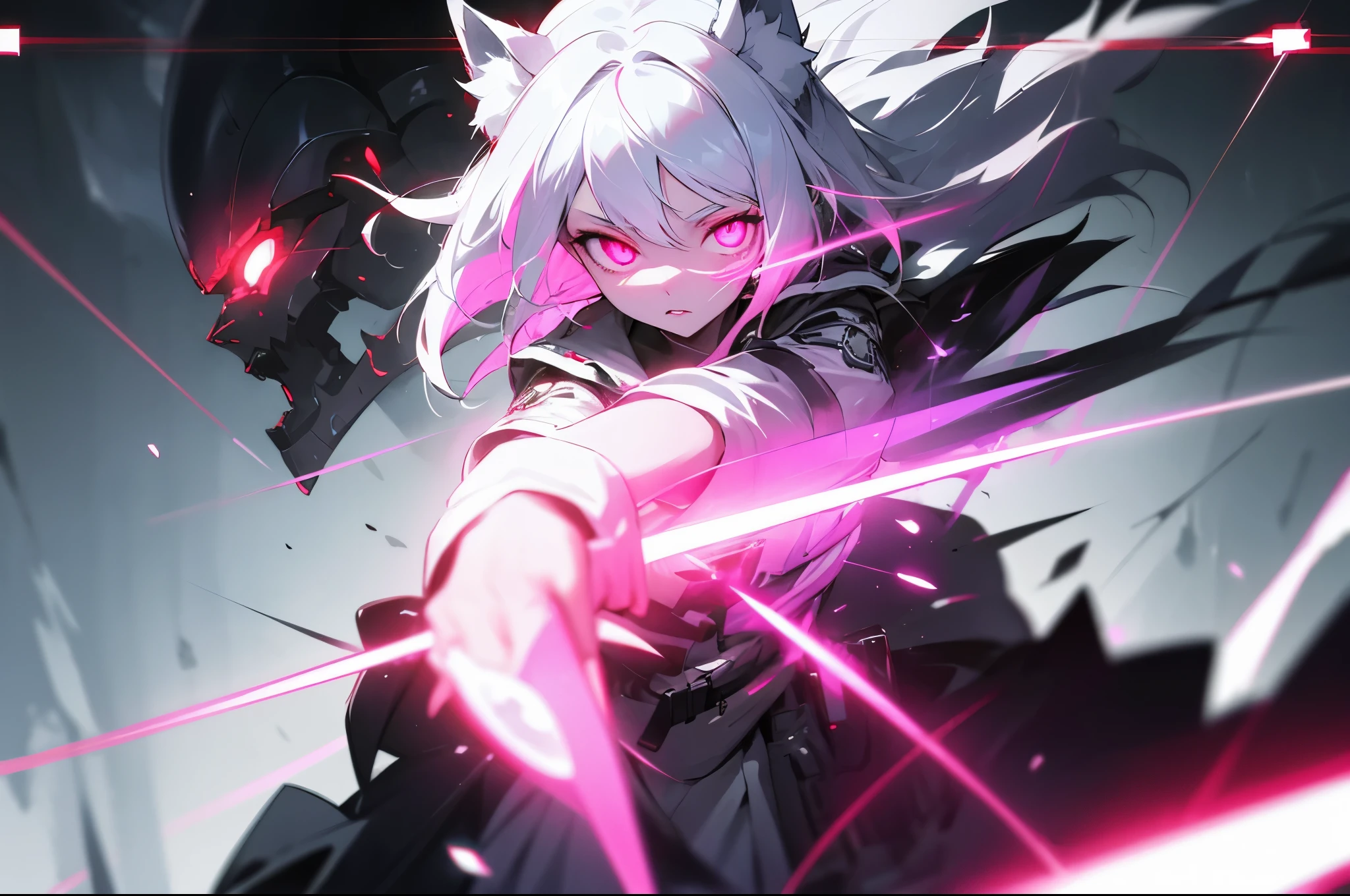 girl,white hair,little wolf earlush,pink eyes,glowing eyes,glowing eyes,glowing eyes,white skirt,black harneslack tie,mechanical,sense of the future,Unbelievable,Tyndall effect,movie poster
