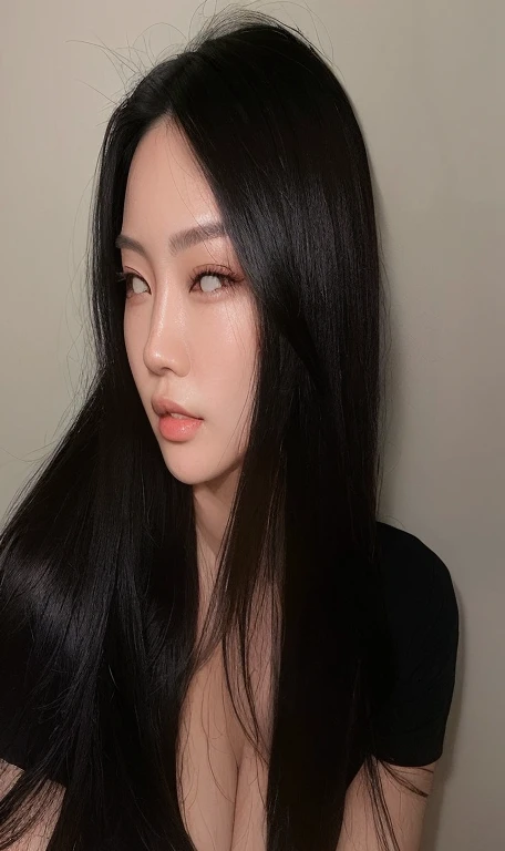 there is a woman with long black hair looking at the camera, Cabelos pretos naturais extra-escuros, asian girl com cabelo comprido, com cabelo comprido, cabelo preto longo e fino, Korean facial features, com longos cabelos escuros, com cabelo preto liso, linda jovem coreana, jaeyeon nam, linda mulher sul-coreana, a young Asian woman, pale round face
