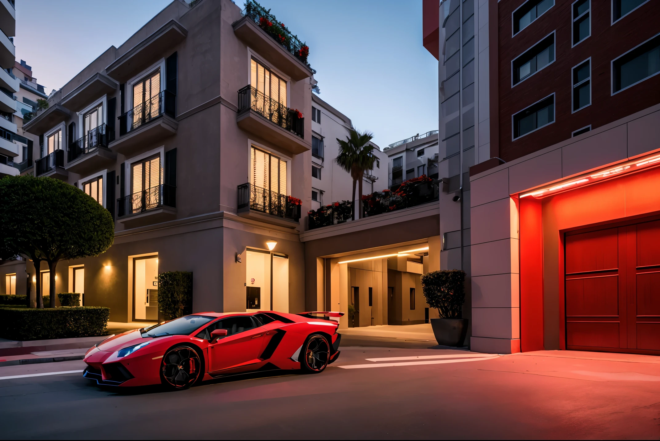 Photo of a bright red Lamborghini Aventador　detailed description　realistic and three-dimensional　super high quality　ultra high resolution　　Street parking in front of the entrance of a super luxury condominium.　very stylish lighting　Fashionable street trees　luxury marble exterior wall　beautiful sunset　(shot from the side) sunset　