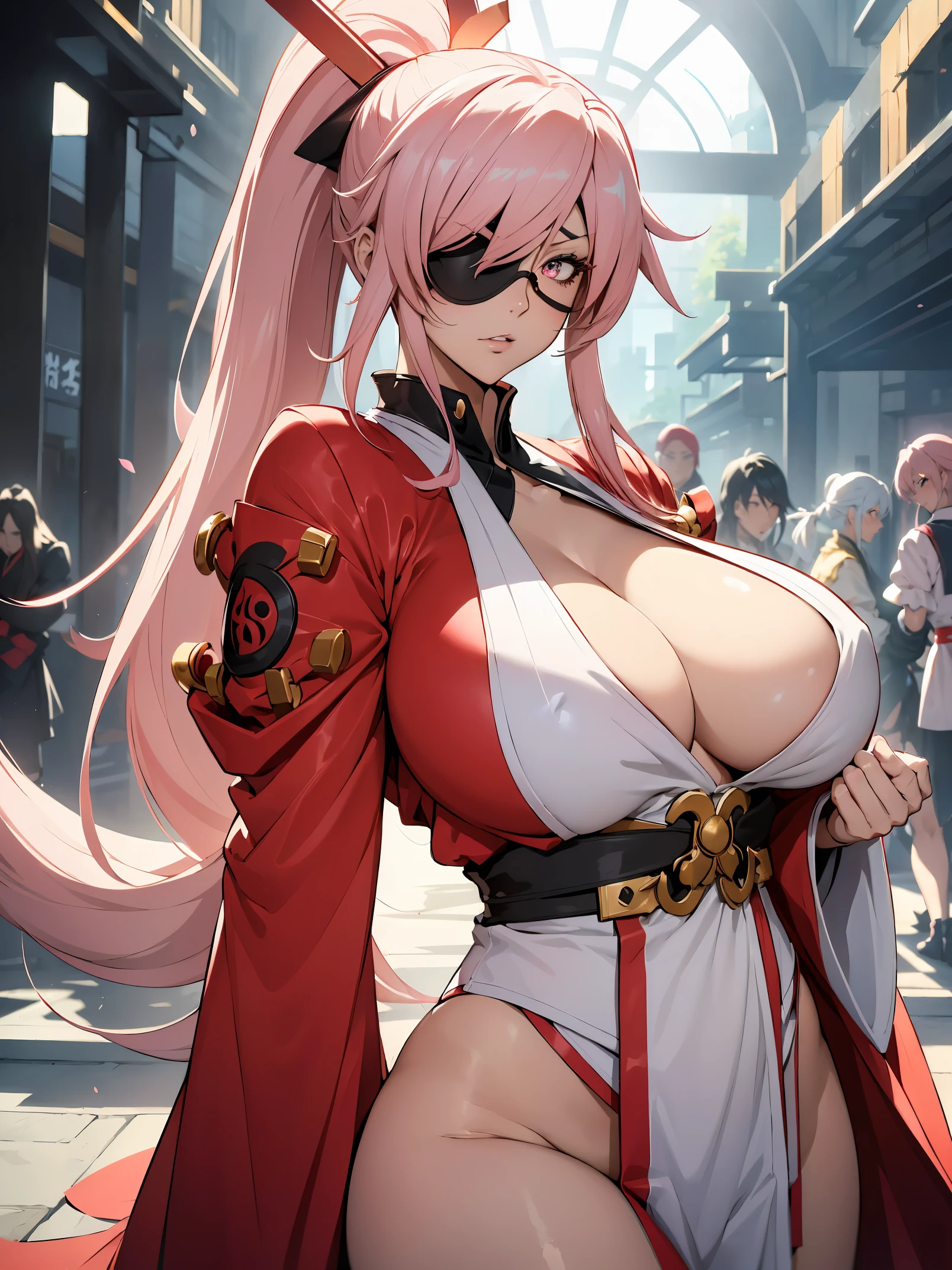 masterpiece:1.2, ((Guilty Gear: Strive game)), ((Baiken character)), 1women, (best quality), (real picture, intricate details, depth of field), make up, parted lips, highly-detailed, perfect face, (huge breasts:1.8), (skindentation), attractive waist, tall, glossy coral lips, moderate musculature, toned abdomen, beautiful navel, (extra long high pink ponytail :1.2), (white ribbon in hair) (beautiful bright pink color eyes), face ornament, sexy, (dressed in a kimono in red, white and black shades), (women's fundoshi), (white female fundosi), (blushing, drunk), sleepy expression, peaceful atmosphere, massive cleavage, disproportional tits, hanging breasts,
(the right eye is closed, eye patch on the right eye), (the left hand is missing, the left hand is hidden),
