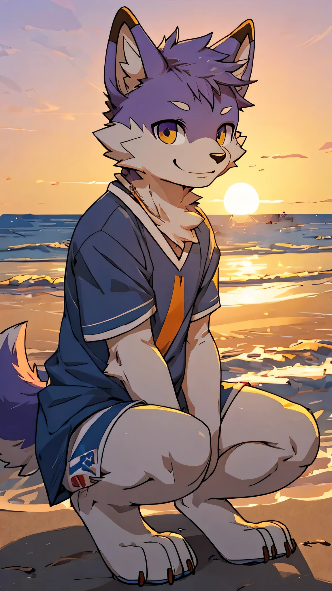 furry,fur,body fur,alone,male,(Smile),((ocean,Sunset)),short sleeves,Character focus, fur, purple,rest,It's okay,purple眼睛,Lovely,purple眼睛!!!,Squat on the beach