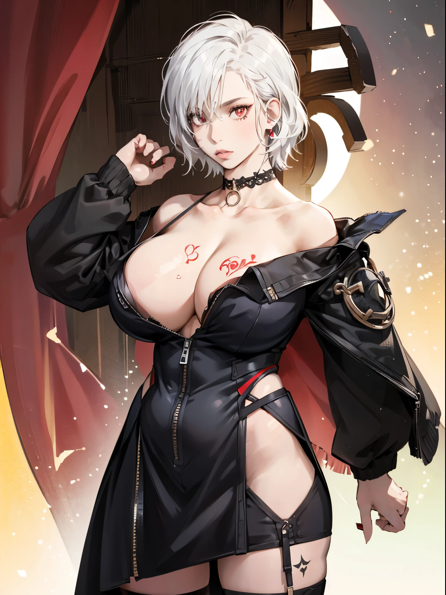 1girl, arm tattoo, bare shoulders, black nails, black thighhighs, breasts, choker, cleavage, hair over one eye, hand tattoo, huge breasts, jacket, jewelry, looking at viewer, off shoulder, red eyes, ring, short hair, short hair with long locks, simple background, solo, tattoo, thighhighs, white background, white hair,(realistic:1.15),(shiny skin:1.2),(masterpiece:1.4),(best quality:1.4)