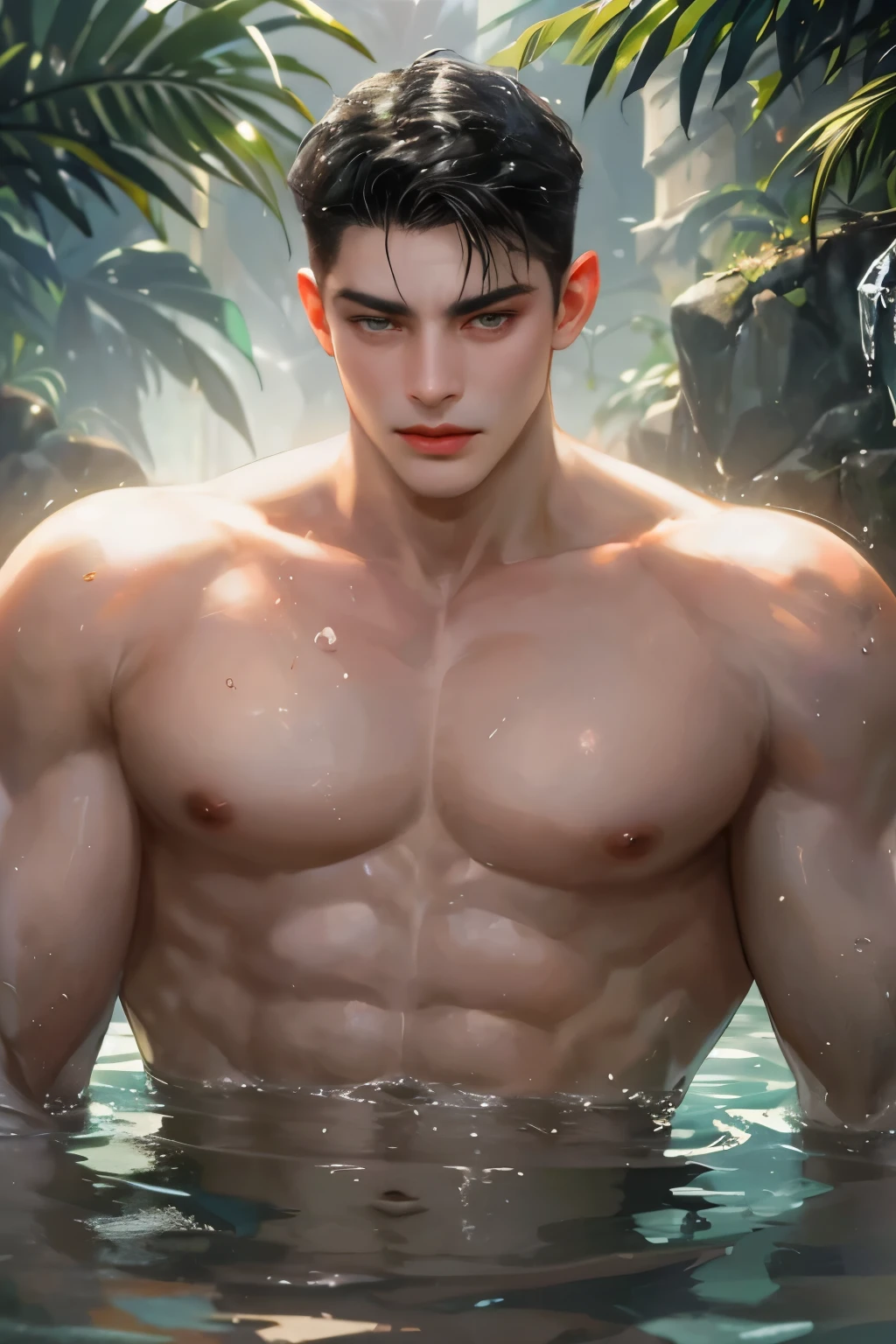 masterpiece, best quality, realistic 8K, one mature male, 36 years old, extremely detailed face, ((dark green eyes)), ((short black quiff hair with bang parts 3:7 ratio)), (( wet hair)), muscular abs (()), Extremely delicate and stern face ((cold look)), ((sharp eyes)), cinematic lighting, modern era, (whole portrait), hotspring background. Muscular, big body, strong, big muscular, 213cm taller man, showing his ,