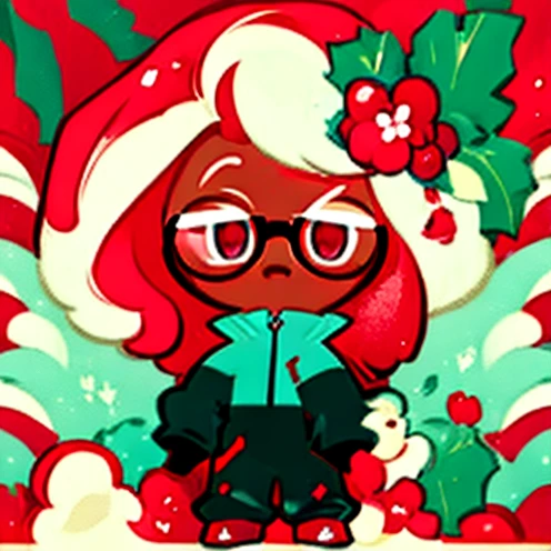 Vanilla Cherry Blossom Cookie on 1940 New York, white red hair, medium hair, hair over one eye, halo, Red Tracksuit, Pink Round Glasses, Surrealism, Artist: Kim Sujeong, 8k, super detail, 16k, UHD, illustration