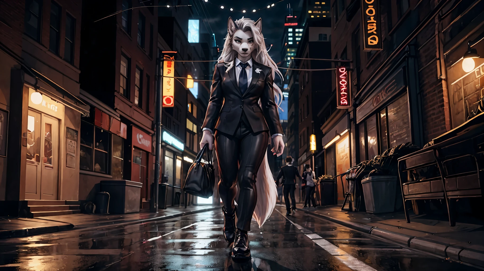 Loona, wolf, female, anthro, long white hair, light grey eyes, suit with black tie, black pants, black shoes, walking, New York city, raining, night, tall, curvy, muscular, serious, looking at viewer, extremely detailed, beautiful, high quality, 4K, 8K, HDR, RAW