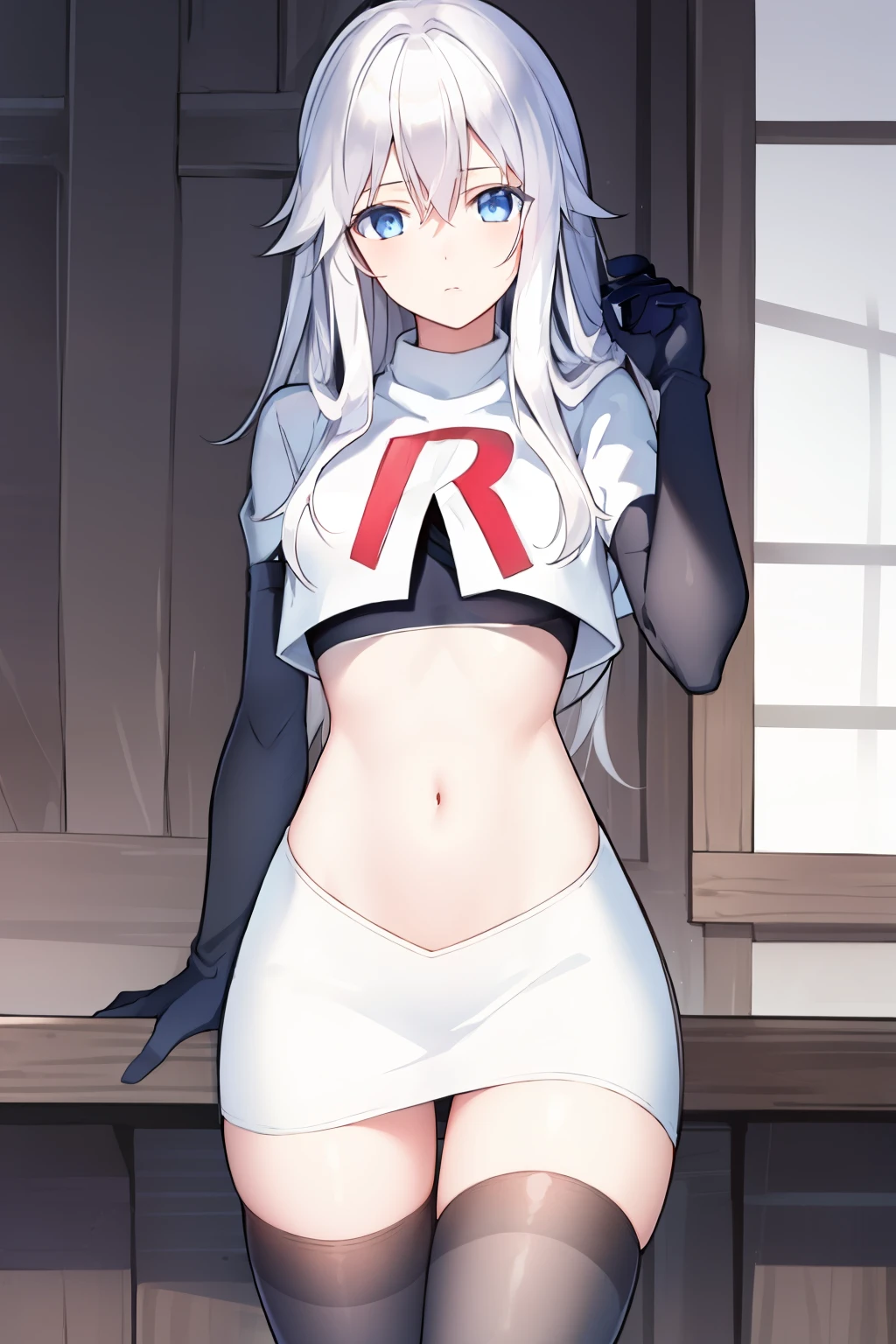 (masterpiece, best quality:1.2), 
1girl,Vladilena,lenaface, blue eyes, breasts, looking at viewer, white hair,medium breasts, antenna hair, hair between eyes,  looking at viewer, ahoge, expressionless, bangs, white hair,
team rocket,team rocket uniform, red letter R, white skirt,white crop top,black thigh-highs,black elbow gloves
