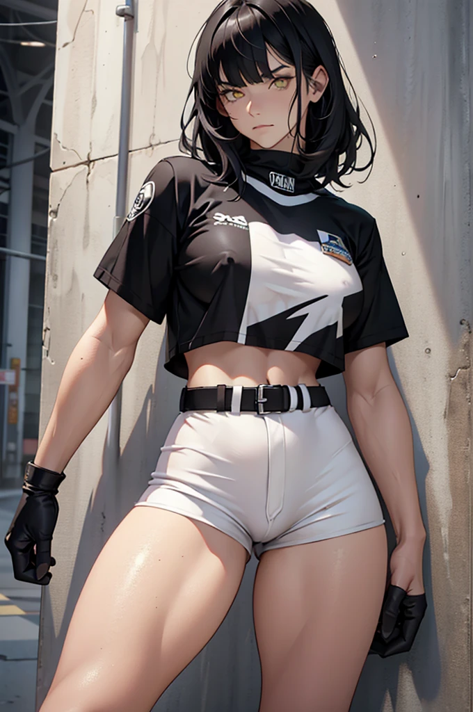 short legging white, 1girl muscular pale skin black hair yellow eyes black against wall sad sad sad sad tight short leggings white thick thick thick thick muscular muscular muscular muscular muscular girl dark dark, meias calça marrom, coxas sexy, belos olhos, meia calça preta, meia calça marrom , , best quality, highres, solo, black hair, , black gloves, bike_shorts, bangs, white shirt, badge, medium breasts, cowboy shot white , frown, , leaning forward, pointing at viewer
