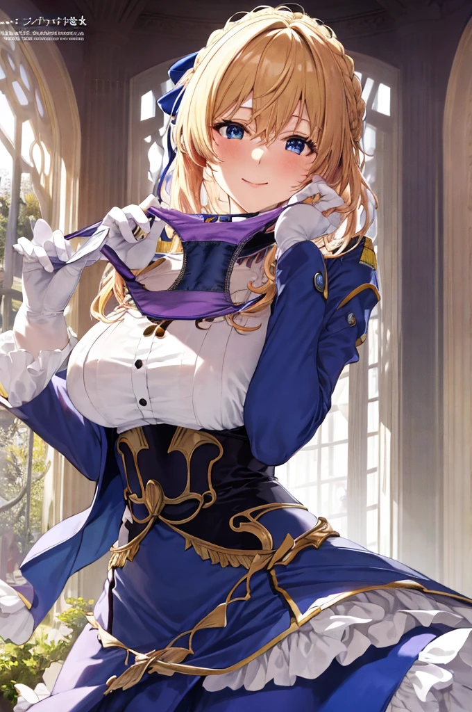 masterpiece, best quality, highres, (presenting panties:1.3), hands, 1girl, blonde hair, gloves, ribbon, blue jacket, dress, red ribbon, hair ribbon, blue eyes, hair between eyes, jewelry, jacket, long sleeves, brooch, ascot, bangs, braid, white ascot, white dress, hair intakes, skirt, large breasts, violet evergarden \(series\), violet evergarden, smile, panties, upper body, magazine cover,