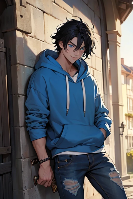 ((Best quality)), ((masterpiece)), top quality), standing alone, Caucasian, 5'9, Blue hoodie, smiling, messy black hair, hair in eyes, ripped jeans, blue eyes, teenage man, European sword resting beside him