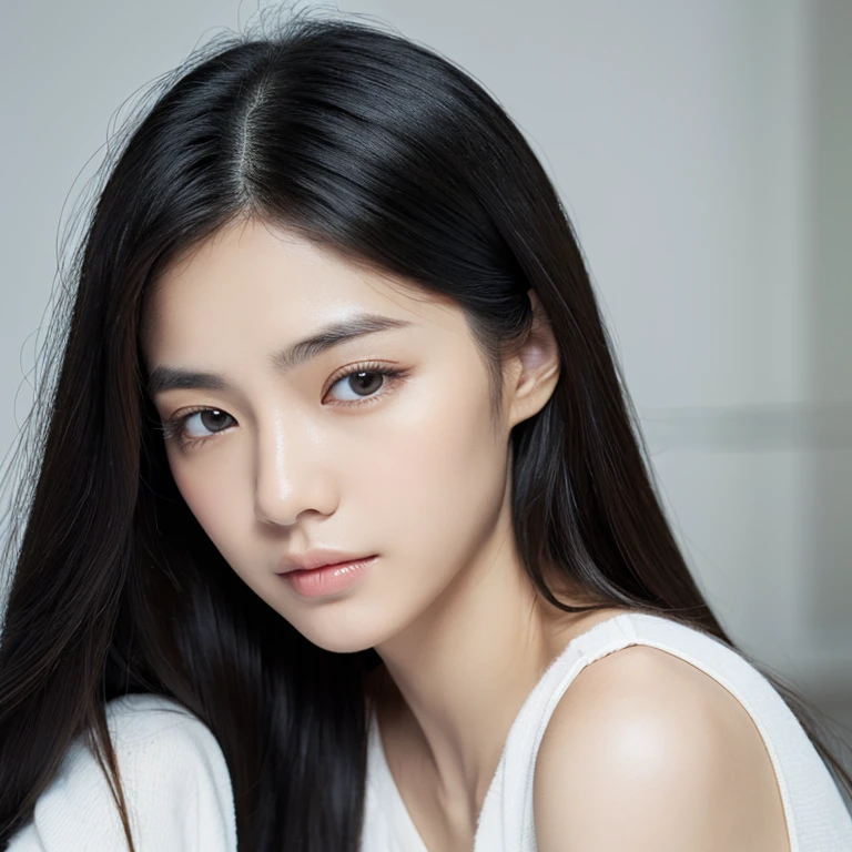 ((masterpiece、highest quality、genuine、Super detailed、High resolution、photorealistic、sharp focus、Live shooting、cinematic lighting))、high color saturation、high contrast、((Portrait of an amazingly beautiful woman、bust shot、focus from the chest up))、heavy makeup、smile、black eye、Detailed symmetrical and realistic face、short black hair、a room in the office、black business suit、hand down、((Detailed depiction of hands))