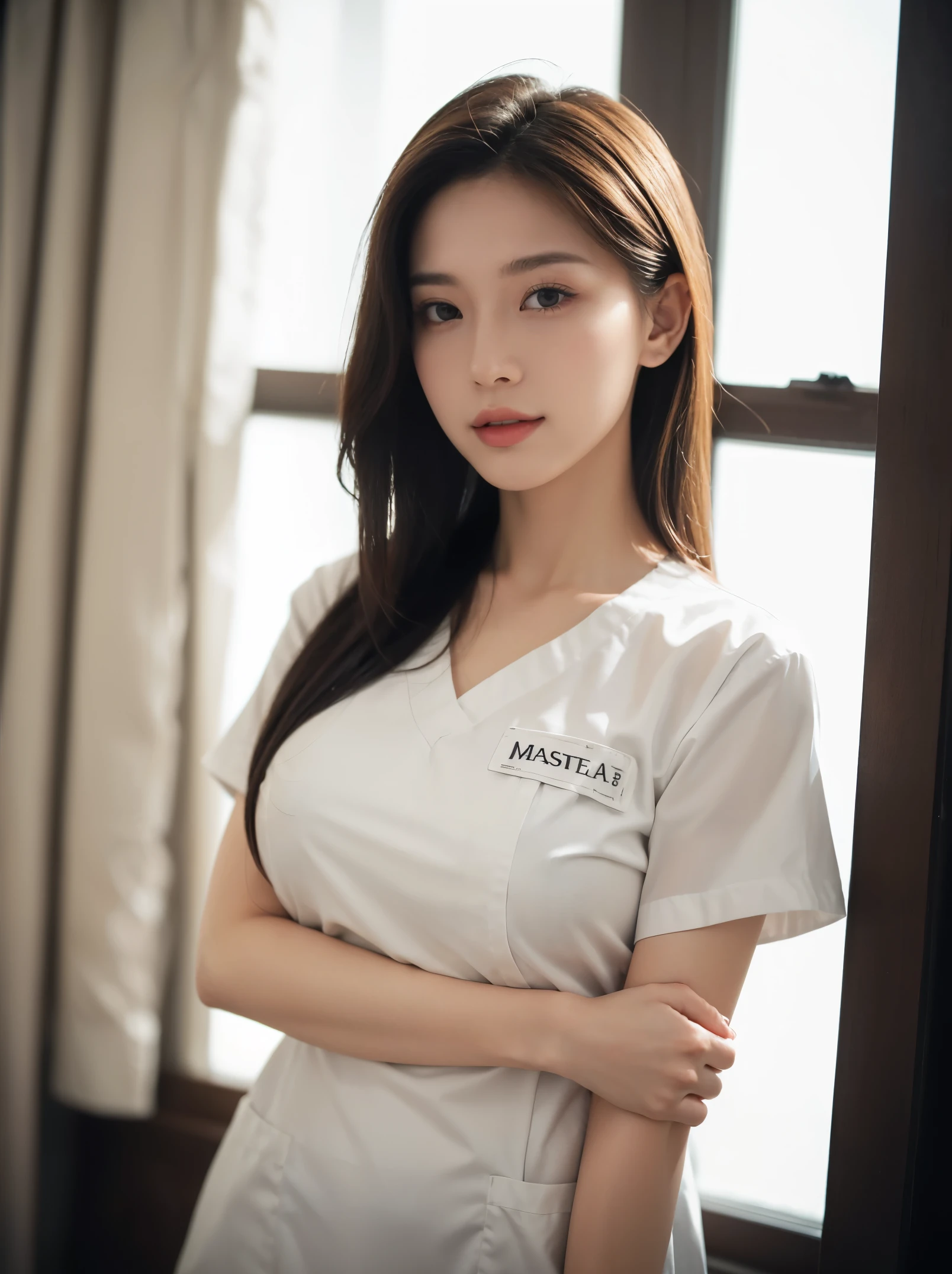 8K, RAW photo, highest quality, masterpiece: 1.2),(best quality,8K, yes,32K,masterpiece,hyper hd:1.2) , 20-year-old, Generates a highly detailed and realistic 4K description of a woman in a nurse's uniform inside a hospital room, Emphasis on every detail, From her clothes to her surroundings., slender body, perfect body, beautiful face, asian face, glowing skin, Creveage breast, nurse uniform, name tag,
