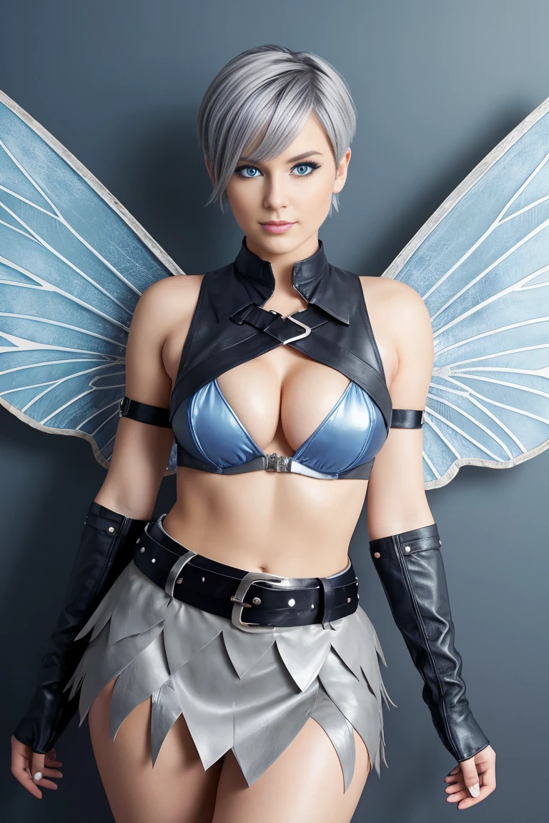 25 year old european woman with short undercut grey hair dressed in a fairy outfit with leather miniskirt, cleavage, belt, wings. Blue eyes with eye liner. Neutral background