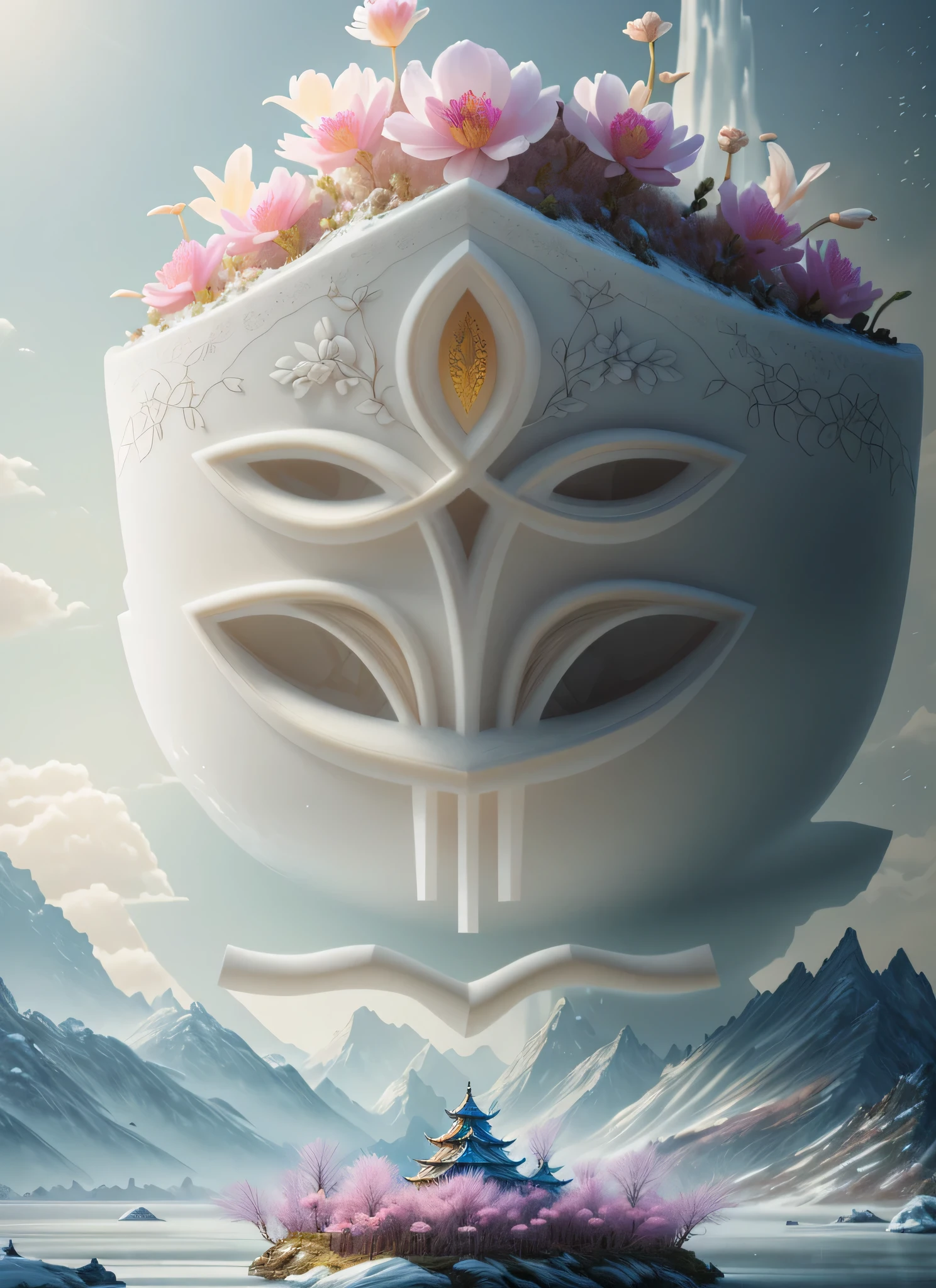 best quality, realistic, photorealistic, ultra detailed, "Mountain of Flower and Fruit+Fairy+Chinese Architecture" highly detailed carving on "southern ice" porcelain,Ultra wide angle,Accent Lighting,Volumetric Lighting,backlighting, (detailed light),((an extremely delicate and beautiful)),dramatic_shadow,ray_tracing,hdr