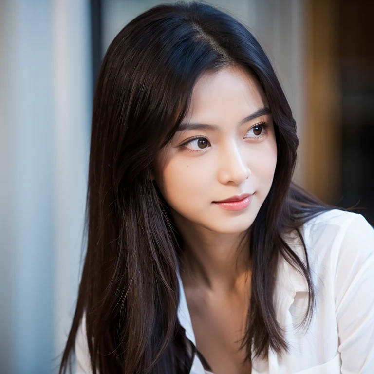 Highest quality、Japanese women、The most beautiful woman in the world、Brown long hair hairstyle、Small face、Beautiful skin、evening、Large breasts、Realistic、Sexy pose、Sexy look、A black shirt with buttons closed at the front